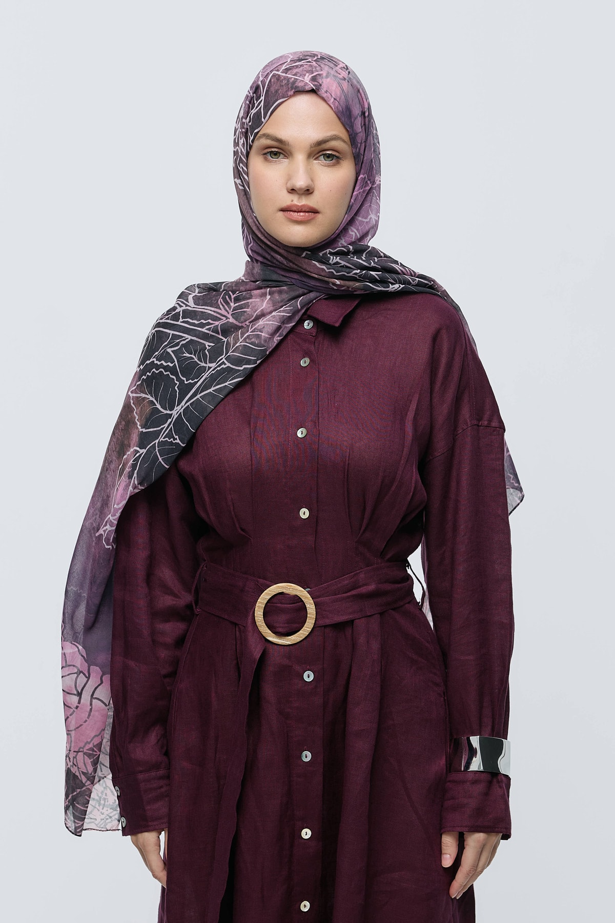 Safir Yaprak Desen Aya Şal - Siyah-Pembe