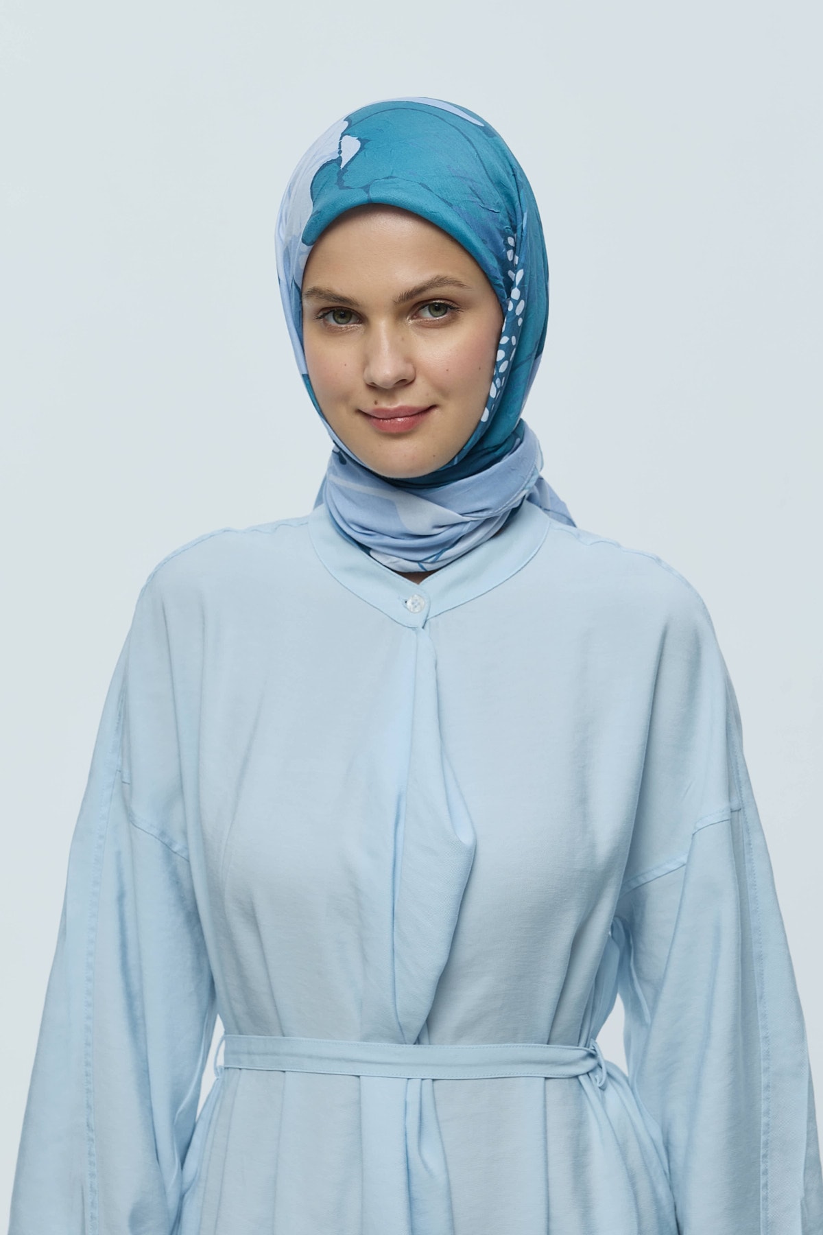 Şakayık Desen Bambu Eşarp - Buz Mavisi