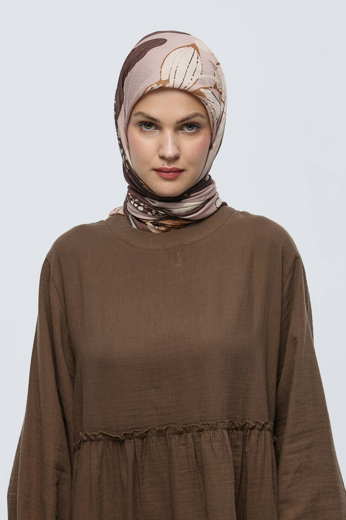 Şakayık Desen Bambu Eşarp - Kahverengi