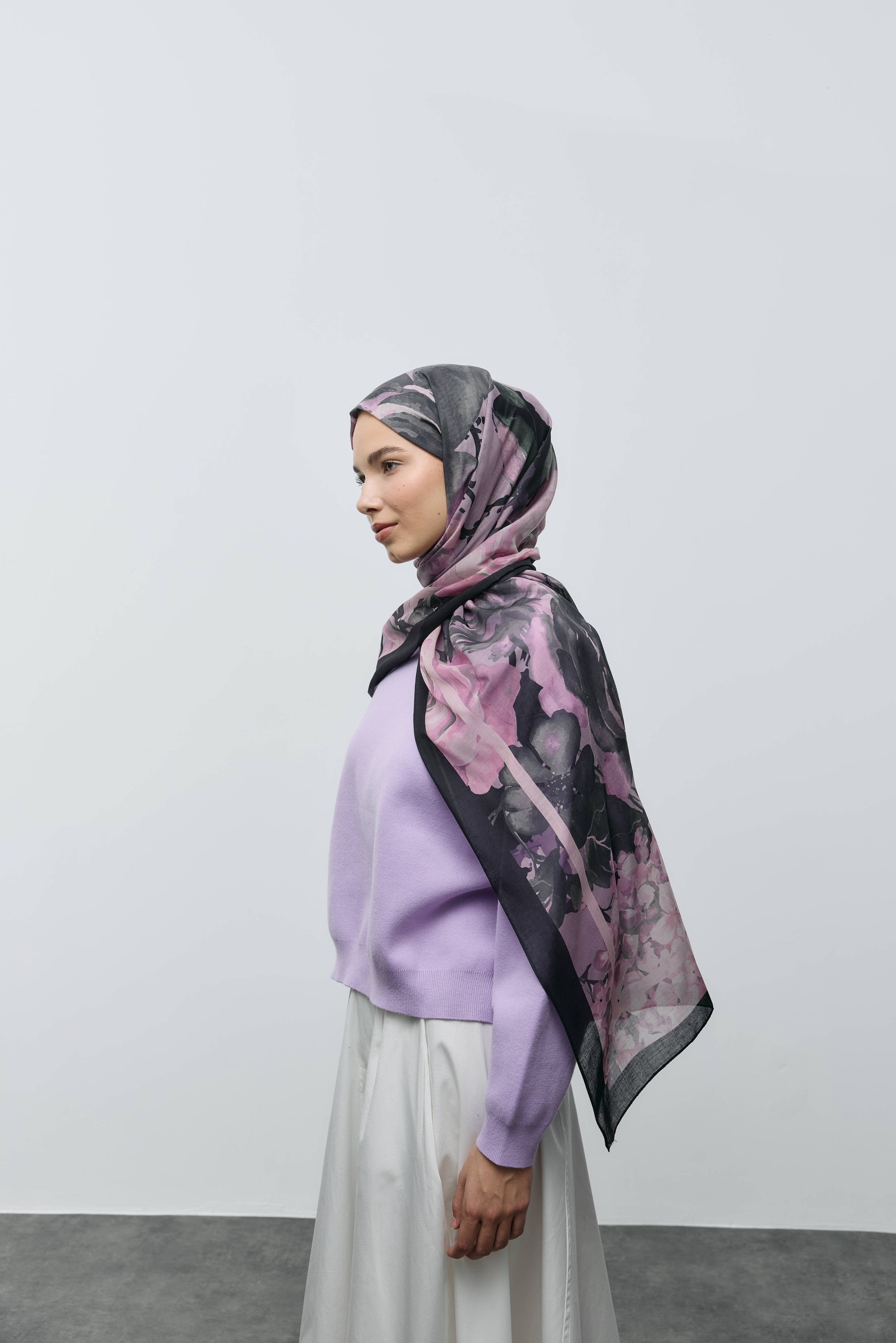 Flores Desen Aya Şal - Siyah-Pembe