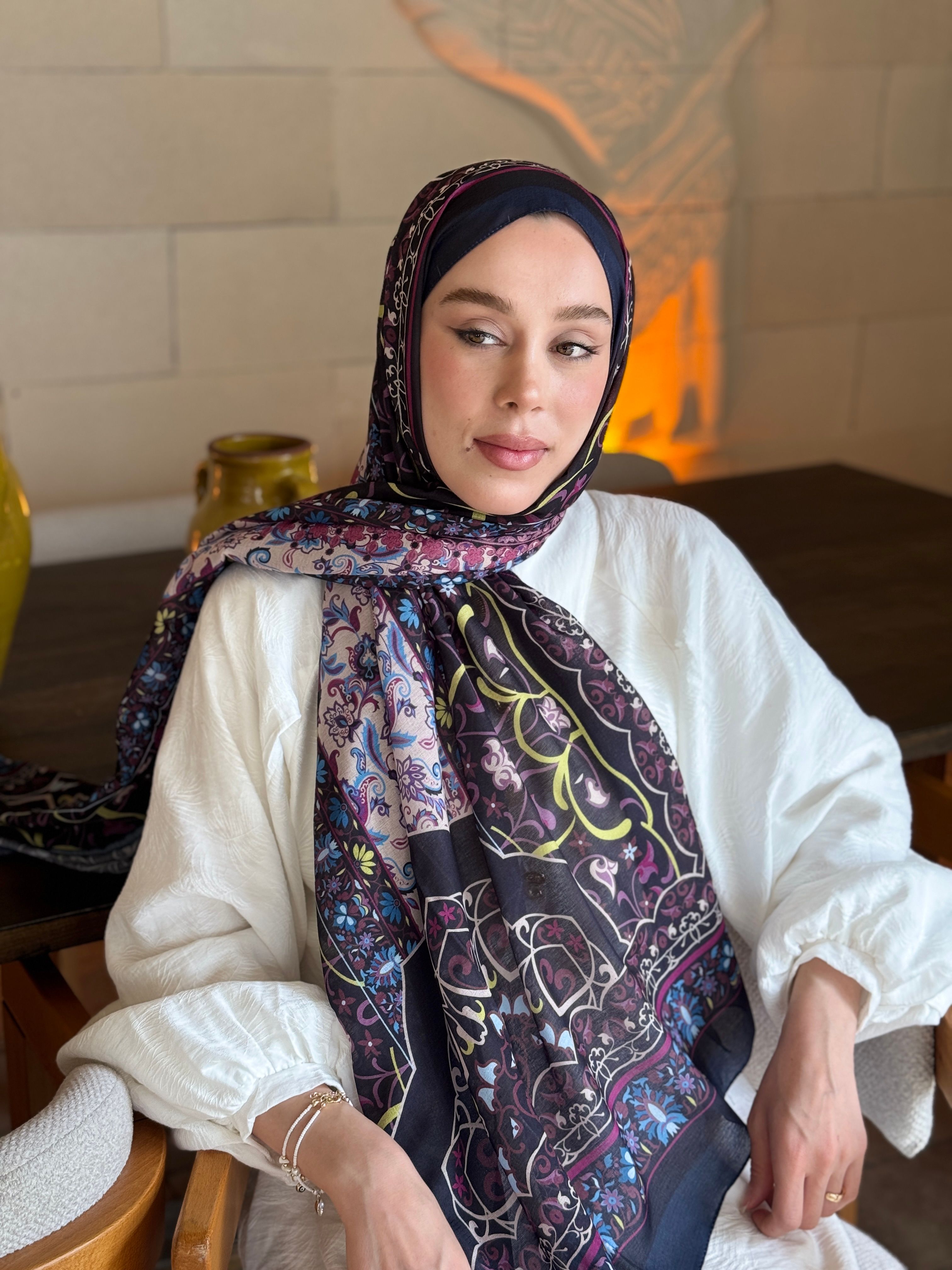 Pıtrak Desen Lina Şal - Lacivert-Pembe