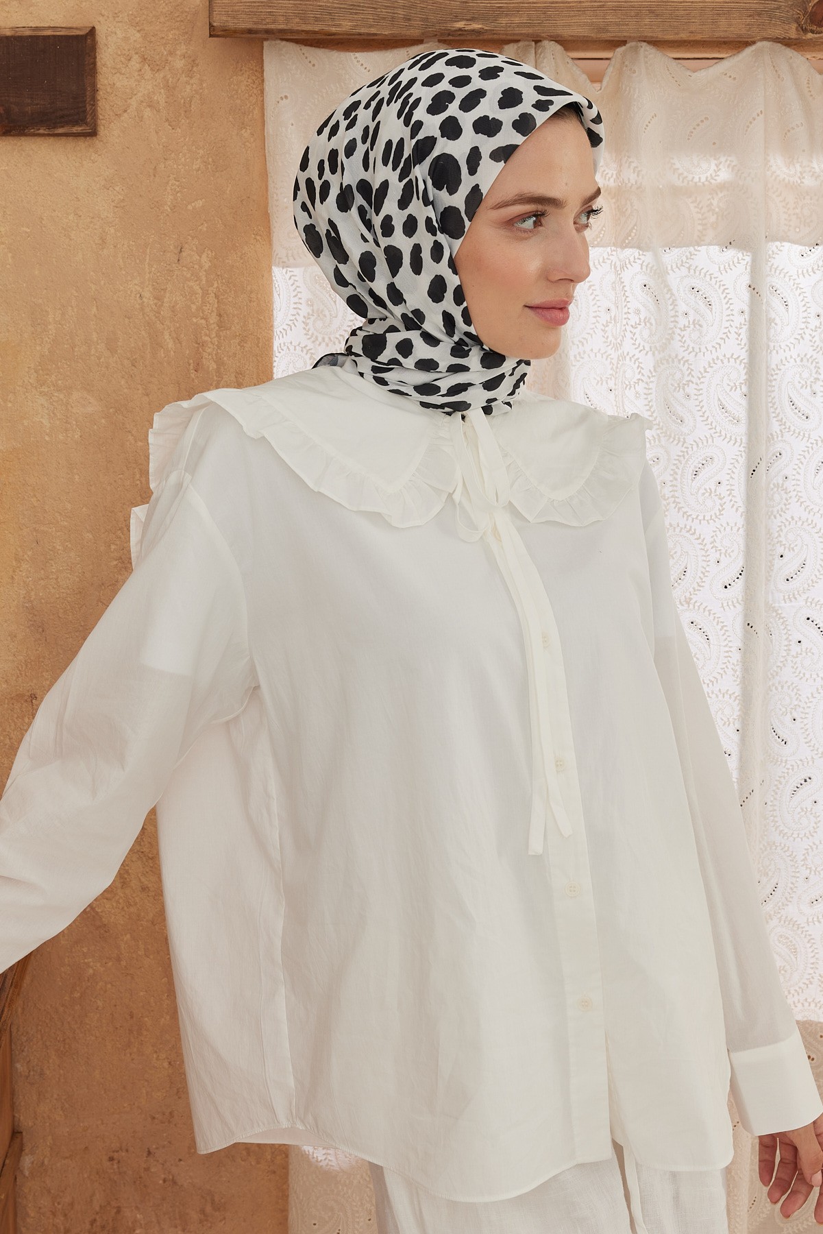 Leopard Pattern Cotton Scarf - Beyaz-Siyah