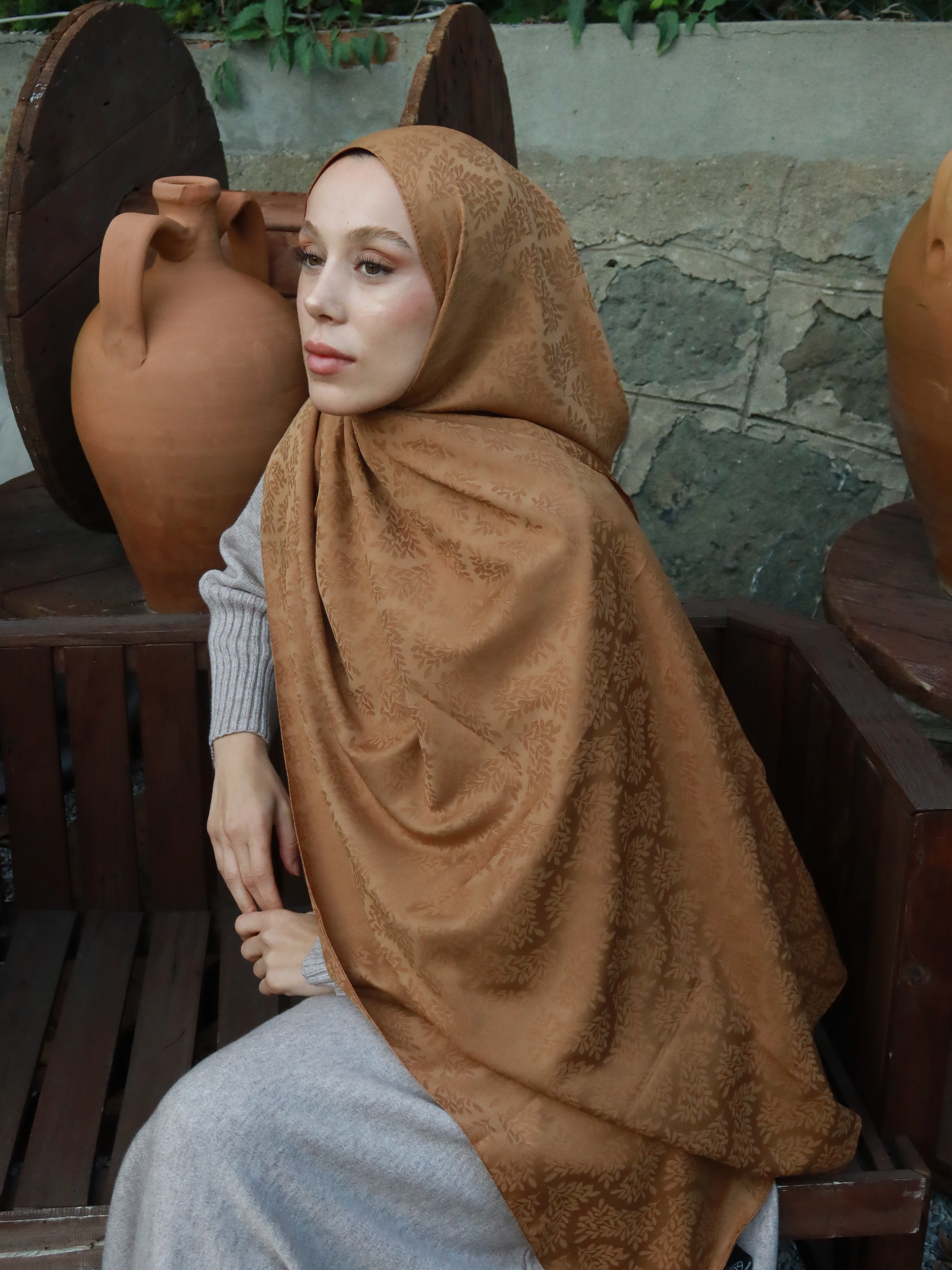 Hazan Desen İpeksi Jakar Şal - Karamel