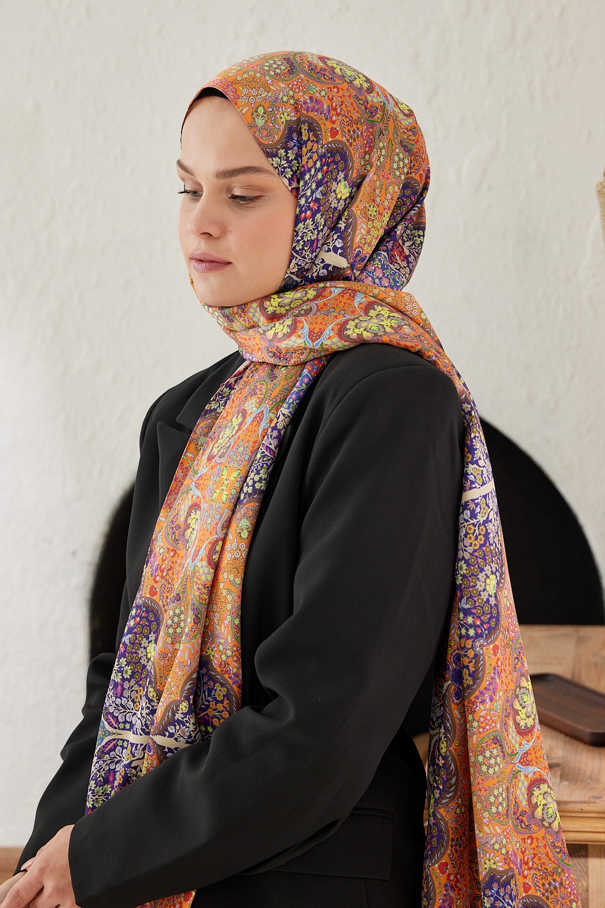 Silky Shawl Munhani Pattern - Portakal-Morcivert