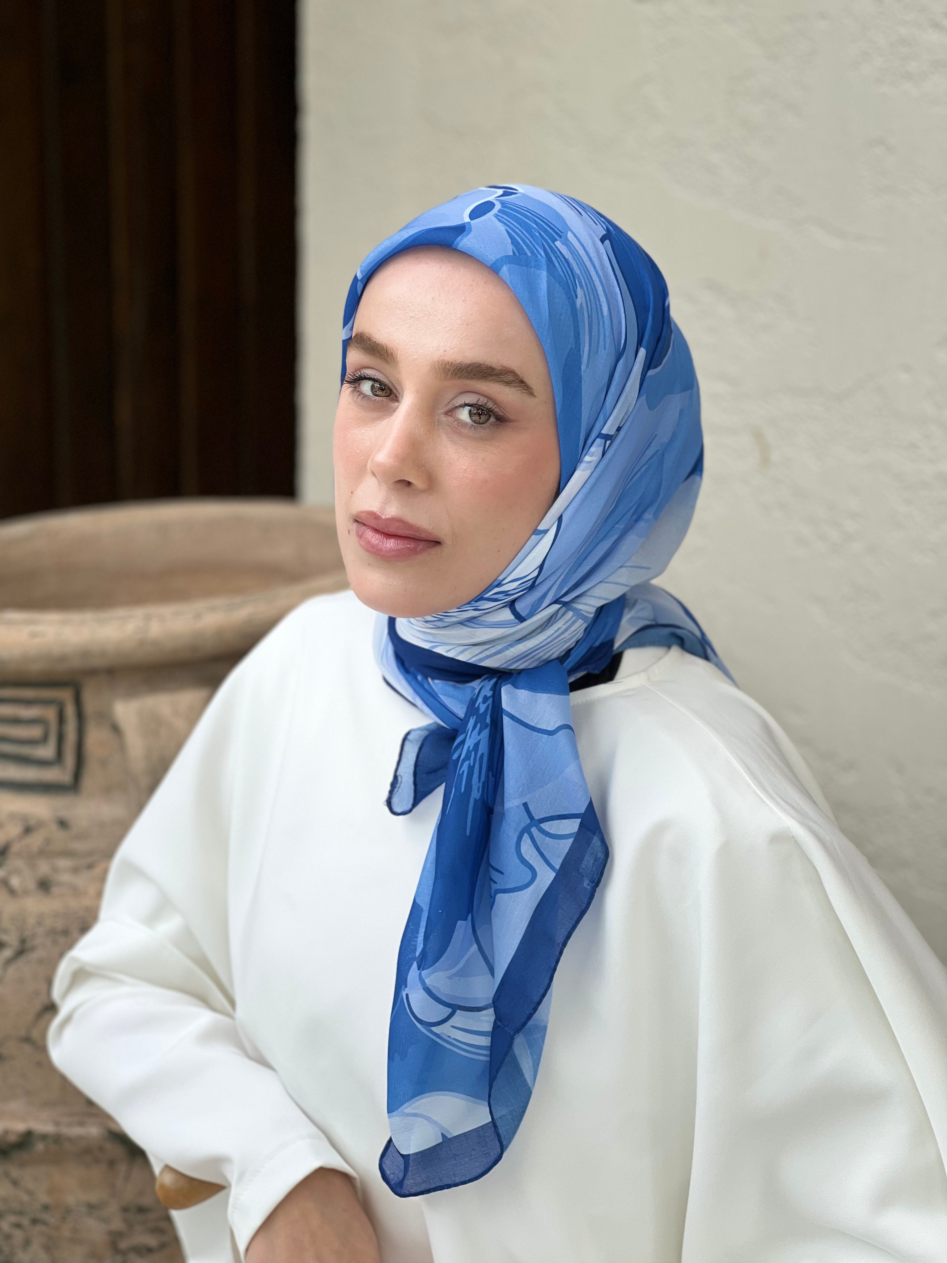 110 Cm Orkide Desen Eşarp - İndigo