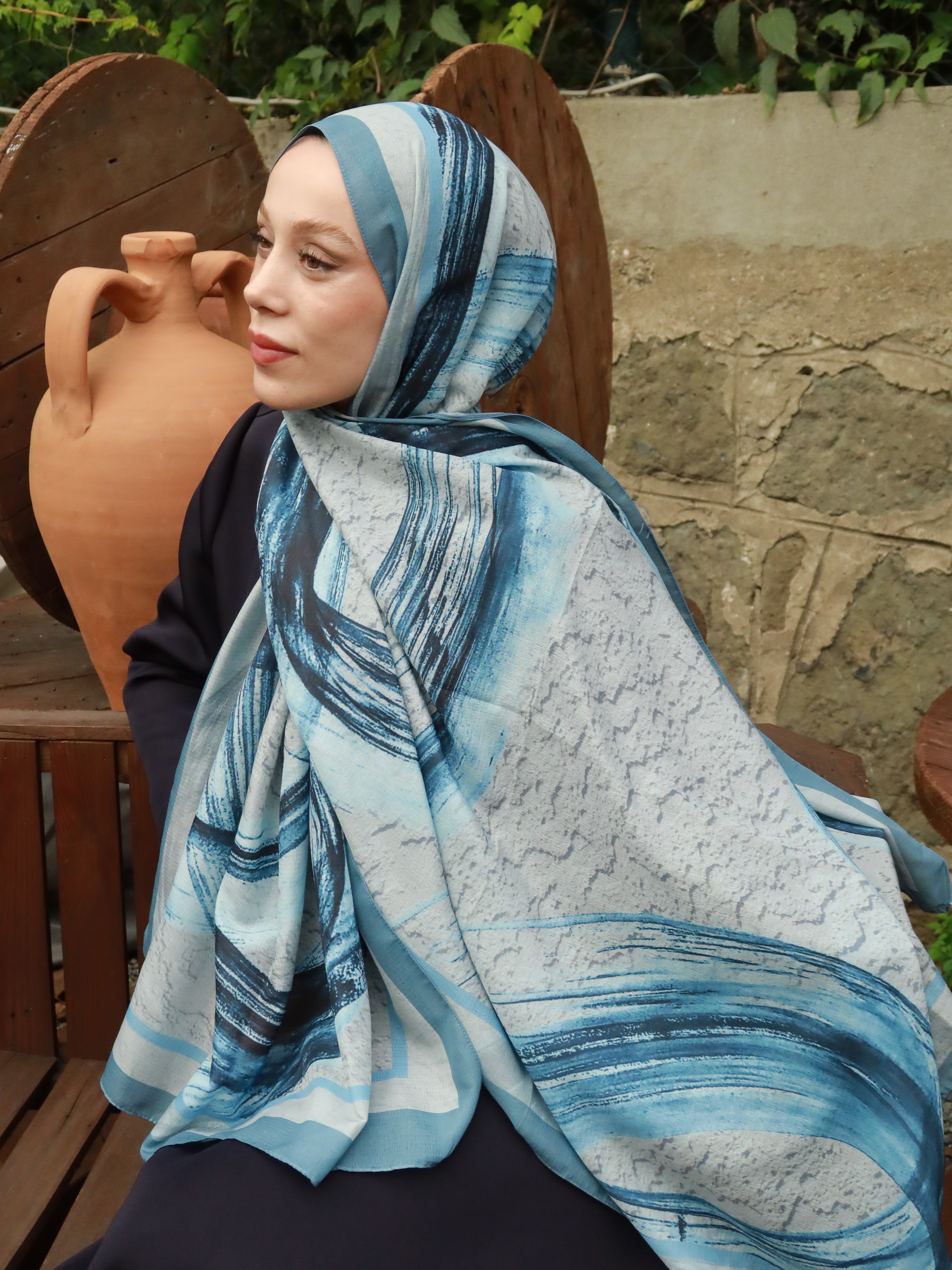 Medcezir Desen Lina Şal - Mavi gri