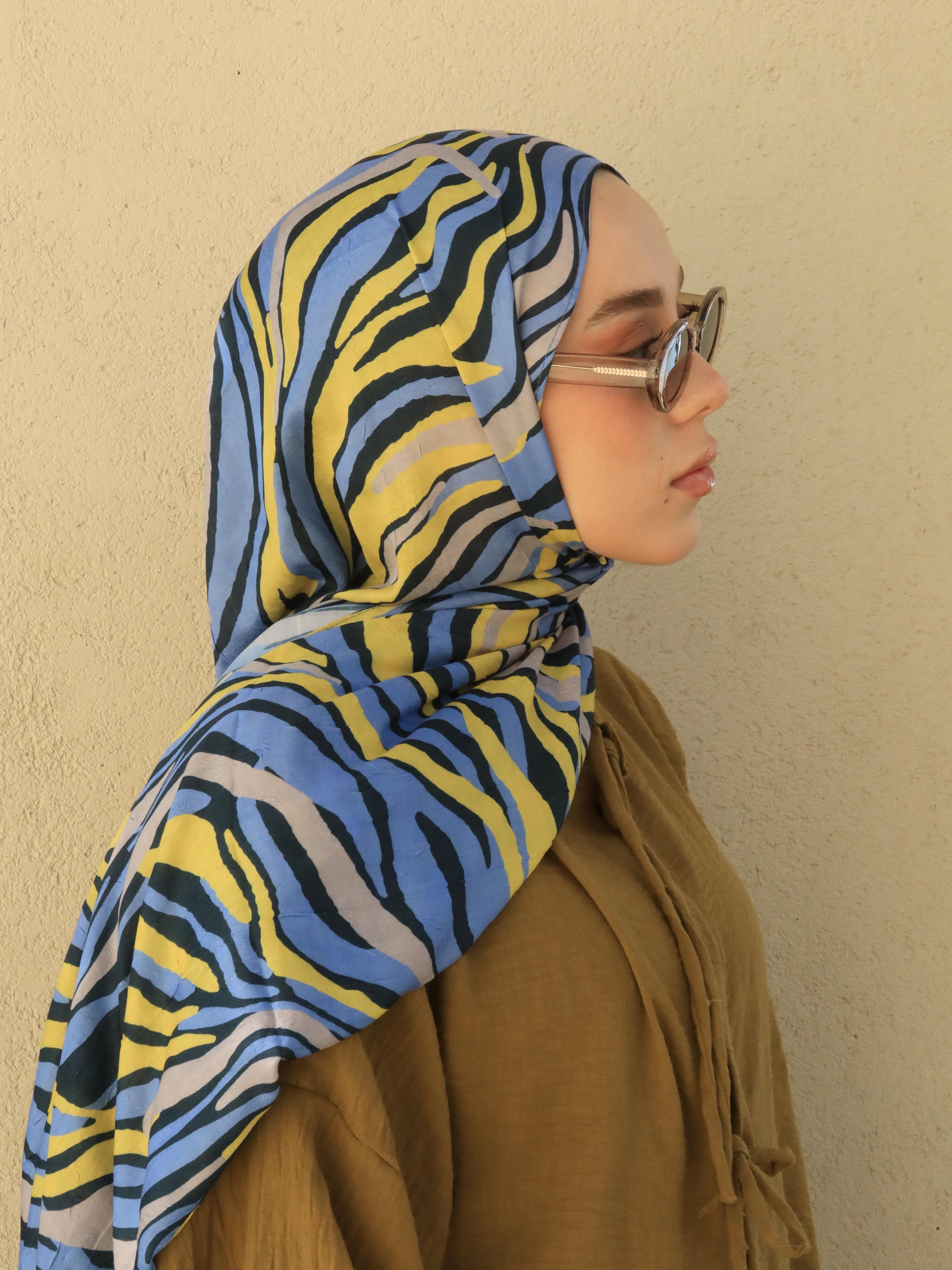 Watercolor Zebra Pattern Bamboo Shawl - Sarı-Mavi