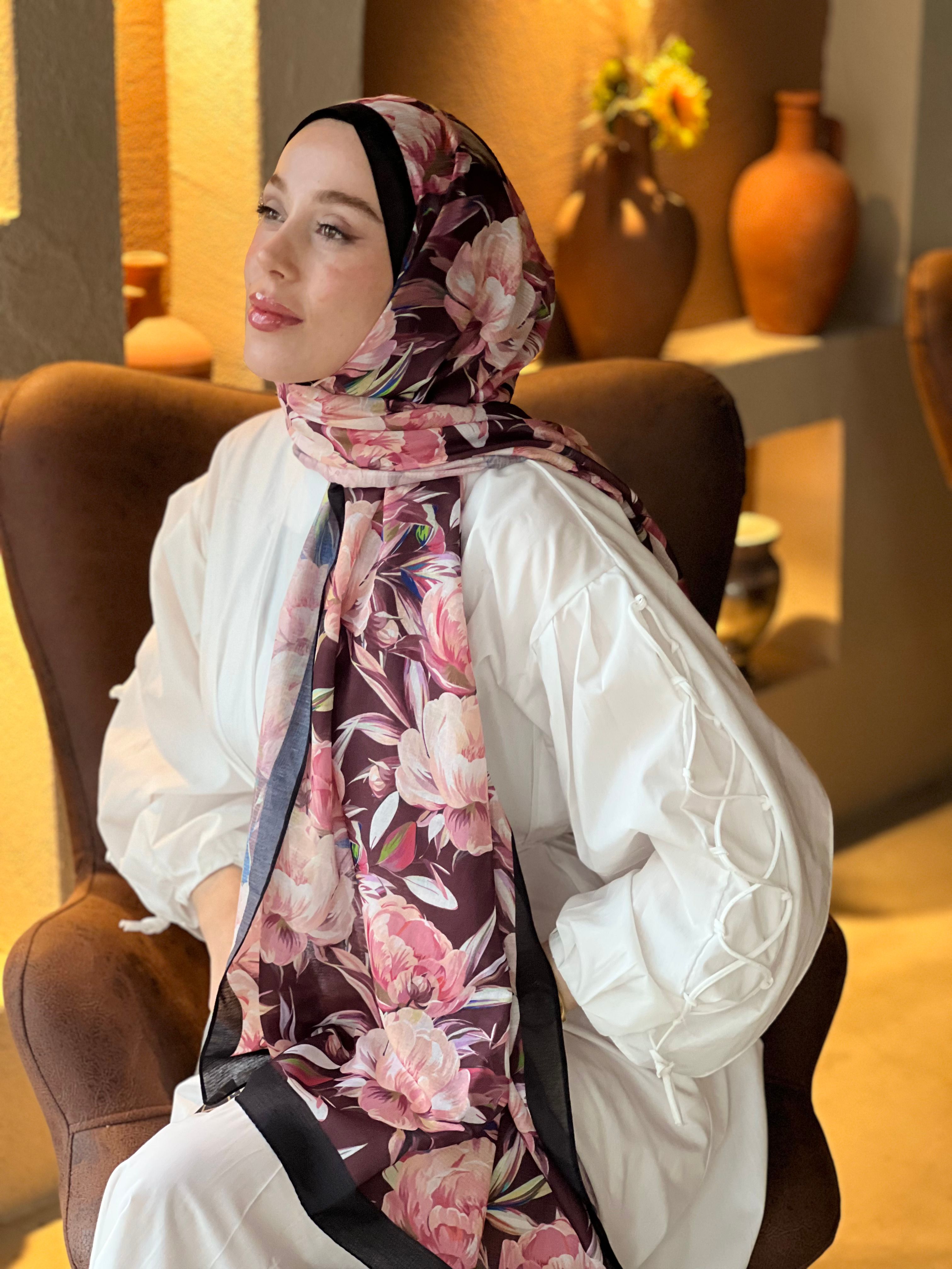 Seta Desen Lina Şal - Siyah-Bordo