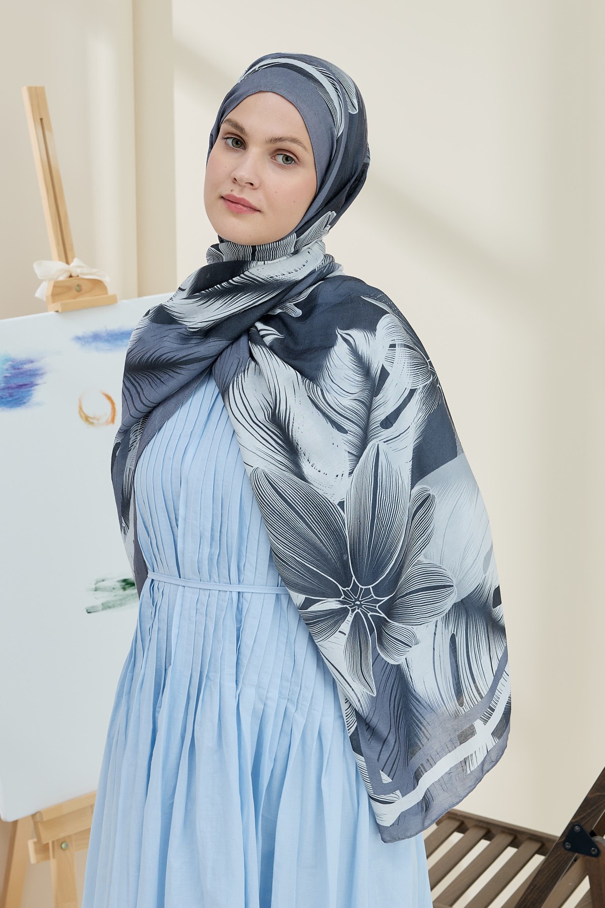 Palmira Desen Bambu Şal - Koyu Gri