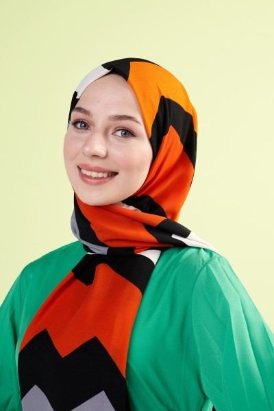 Modern Zigzag Pattern Medina Silk Shawl - Black Orange
