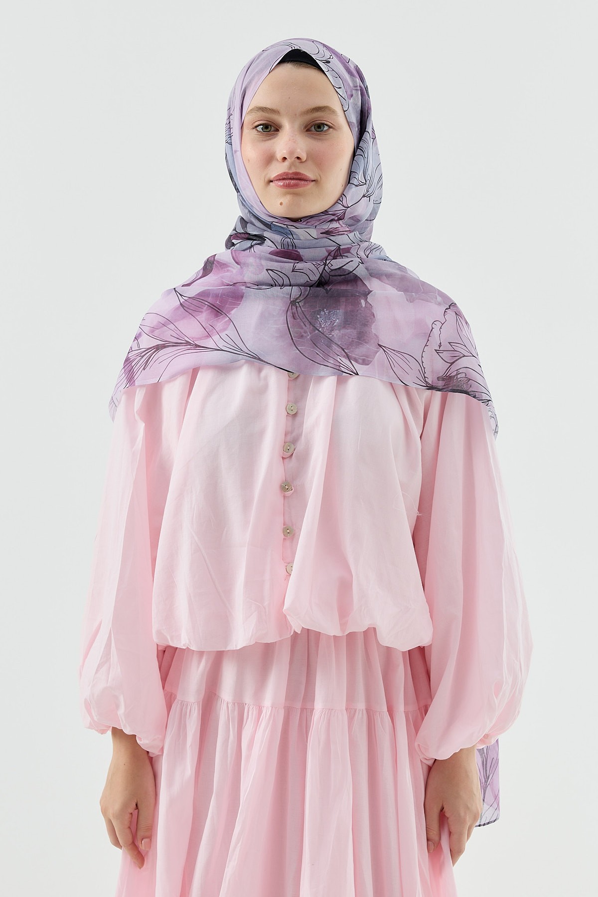 Zambak Desen Aya Şal - Pembe-Lila