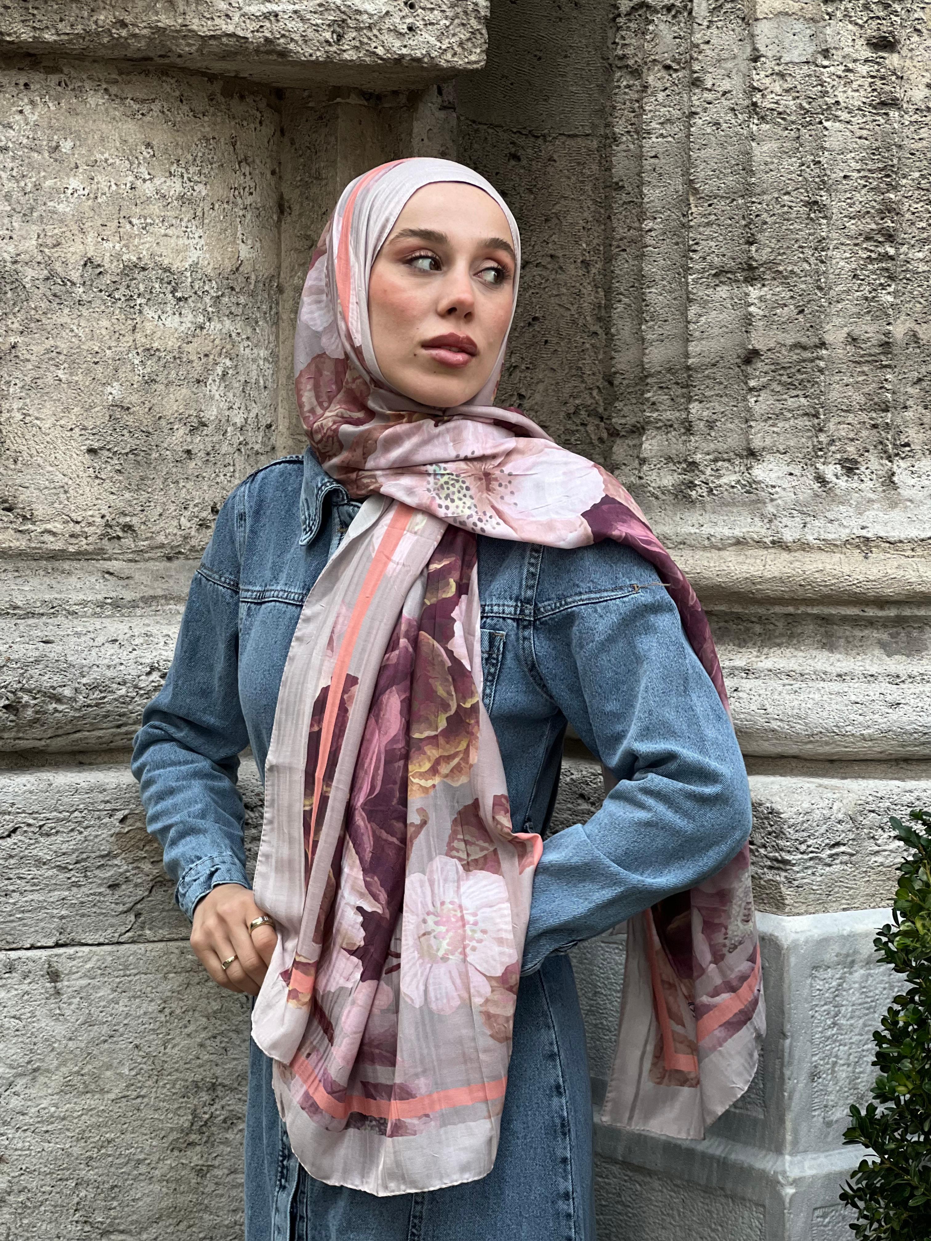 Gül Desen Bambu Şal - İğde-Gri