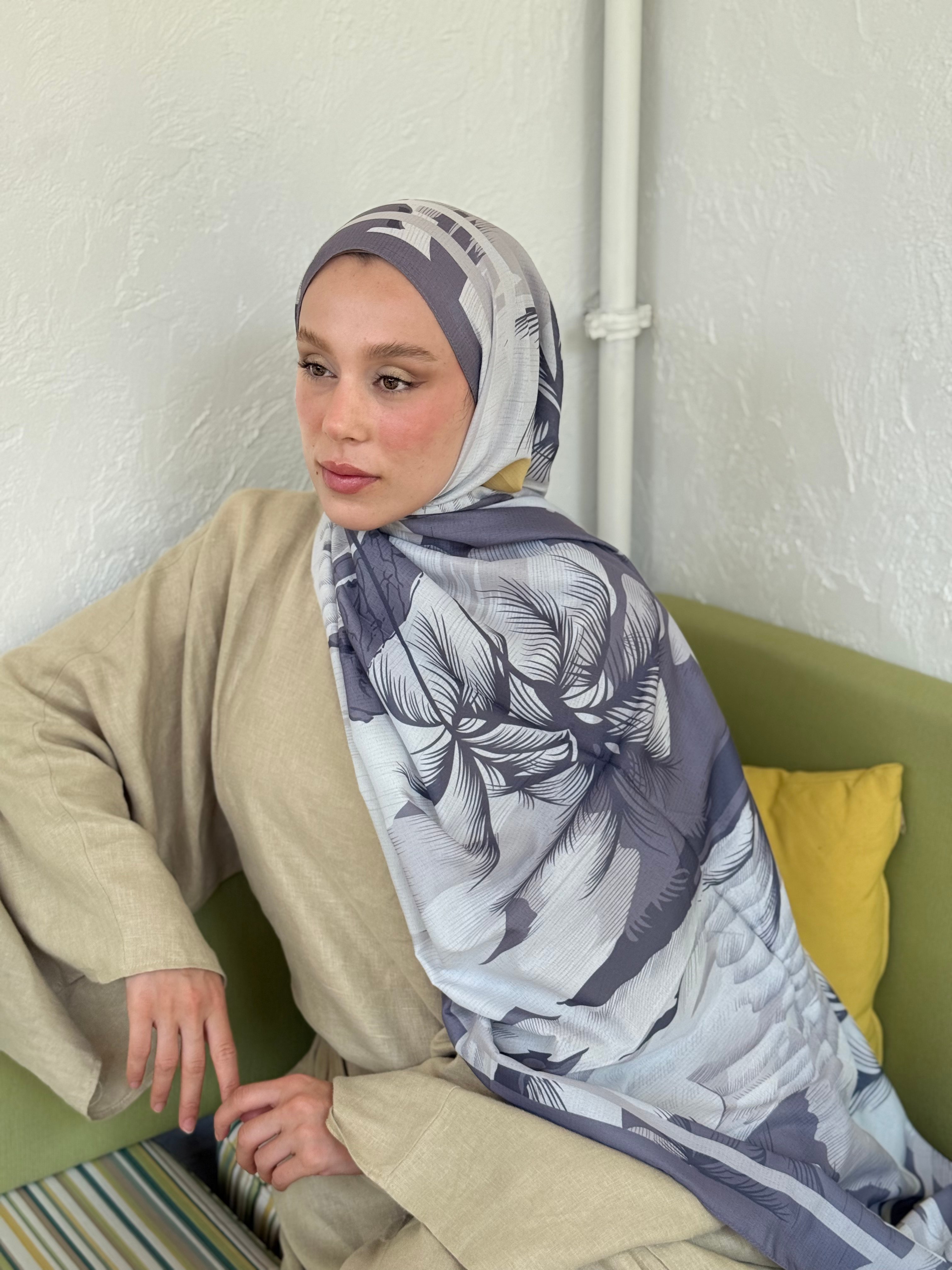 Palm Desen Lina Serisi Şal - Koyu Gri