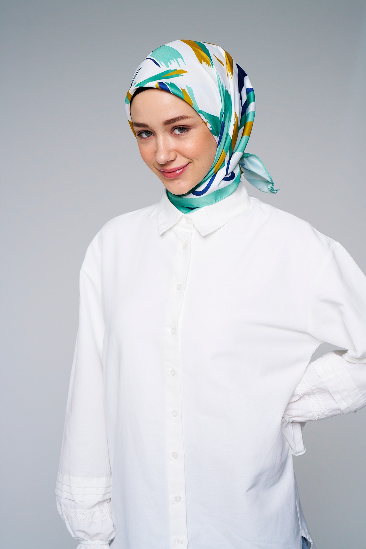 Brush Pattern Twill Scarf - Mint Yeşili Lacivert