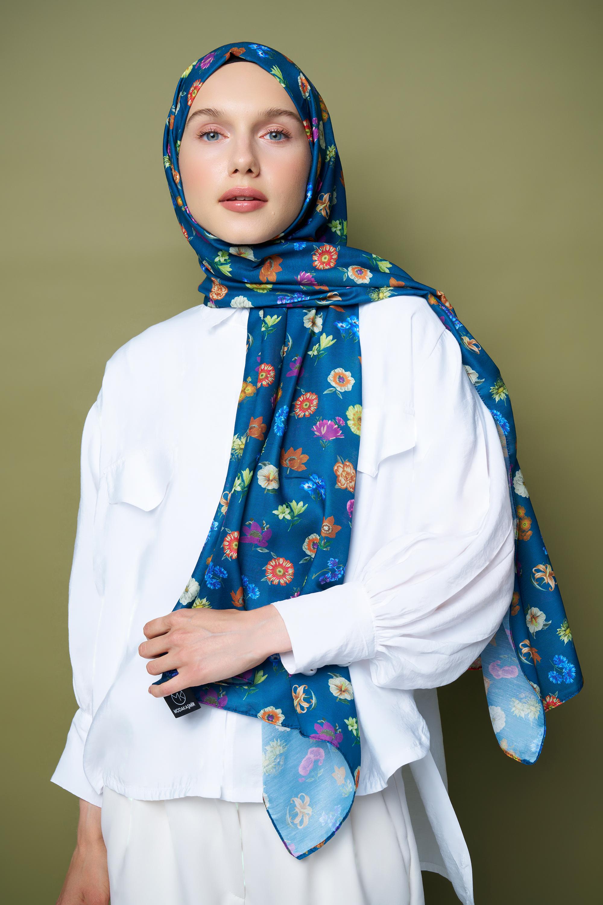 Bouquet Cotton Shawl - Petrol