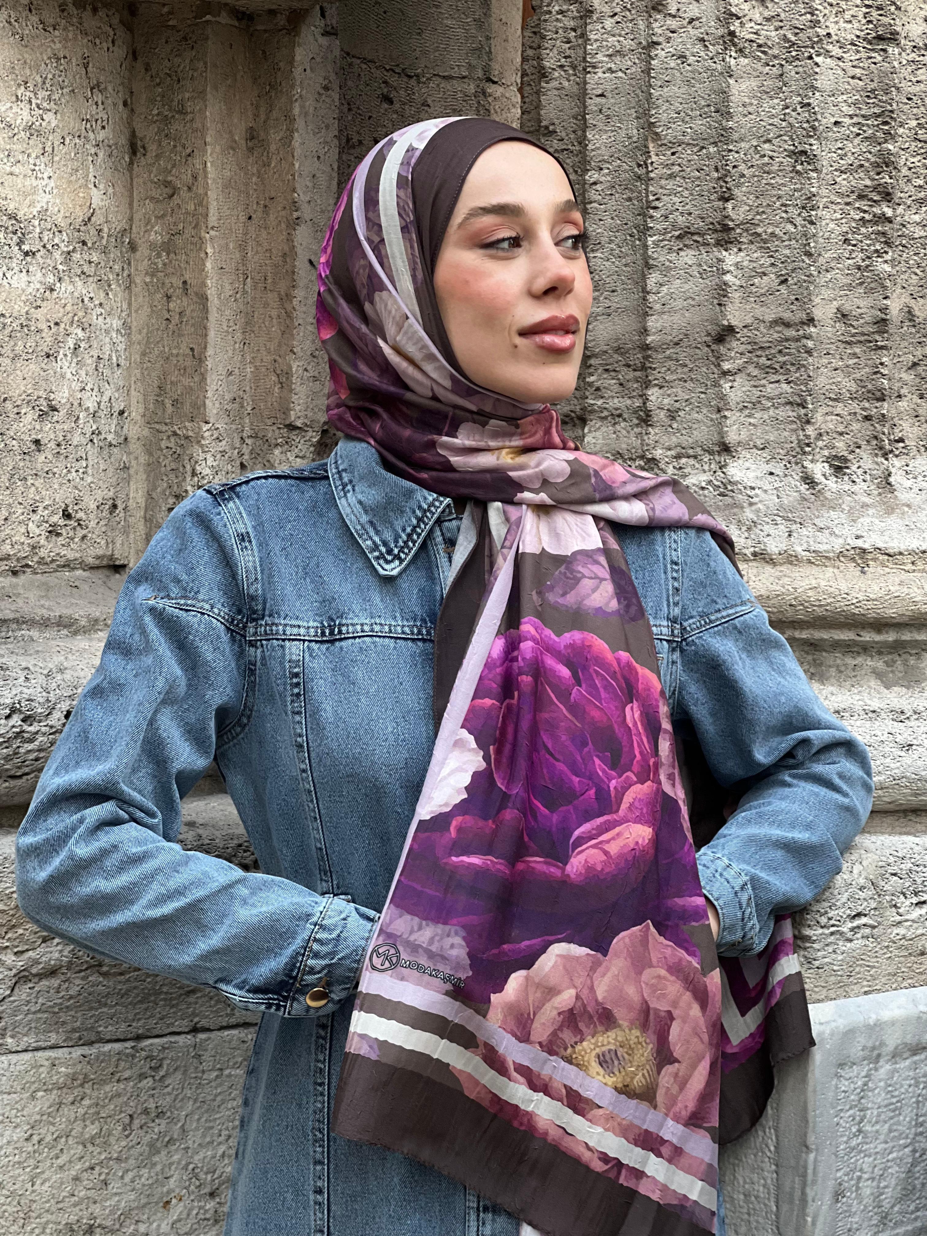 Gül Desen Bambu Şal - Acı Kahve