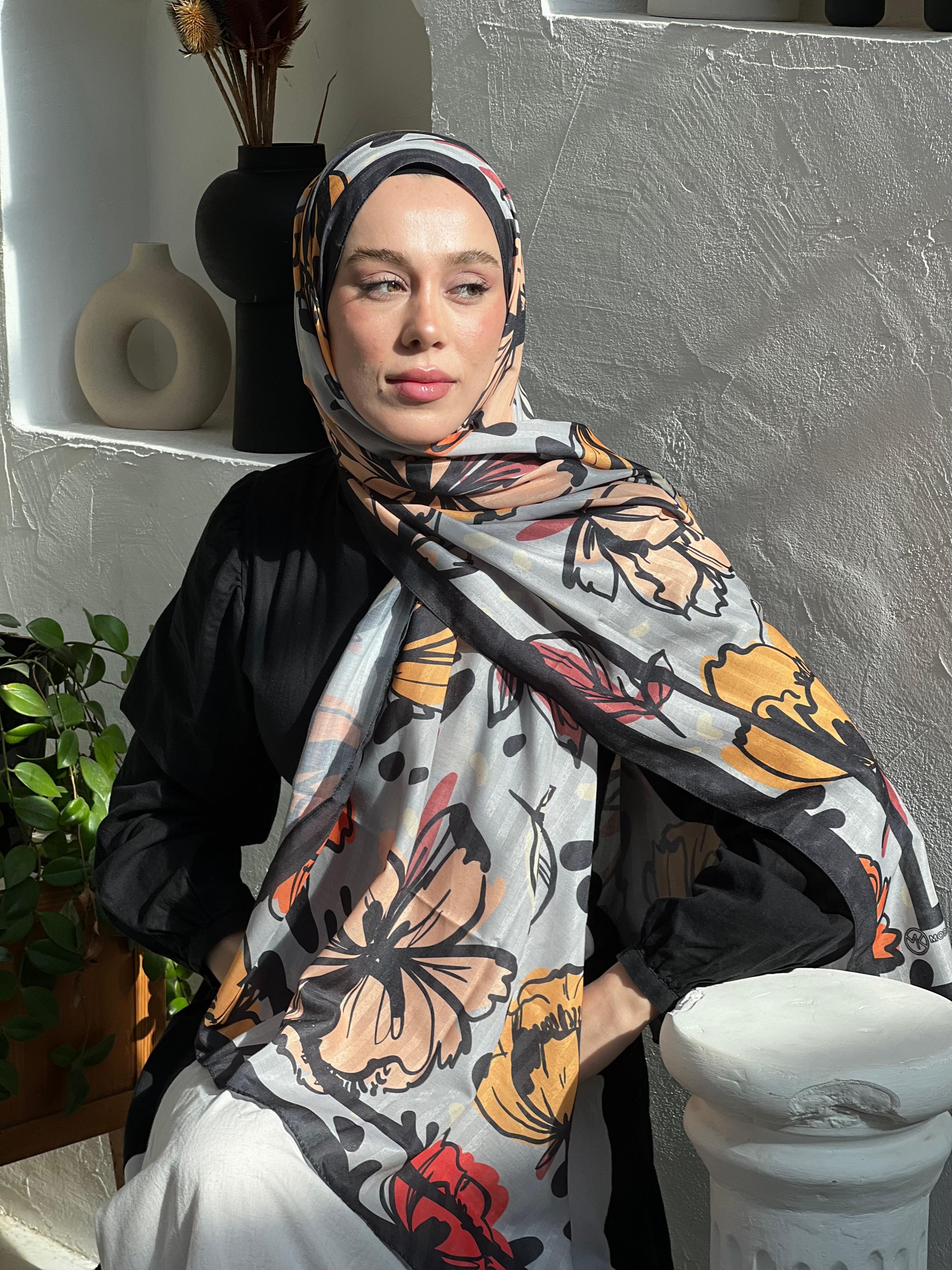 Lilium Pattern Striped Shawl - Black-Grey