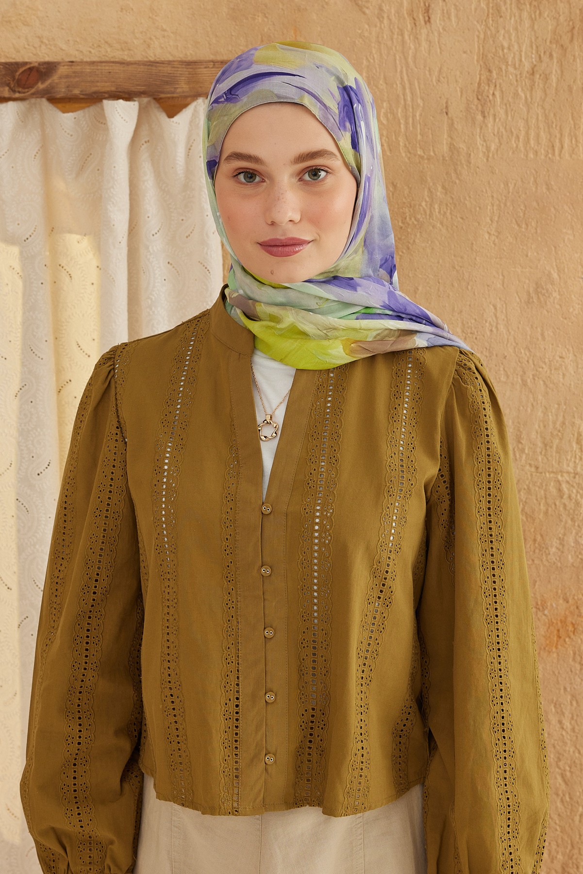 Abstract Desen Bambu Şal - Mor-Lime