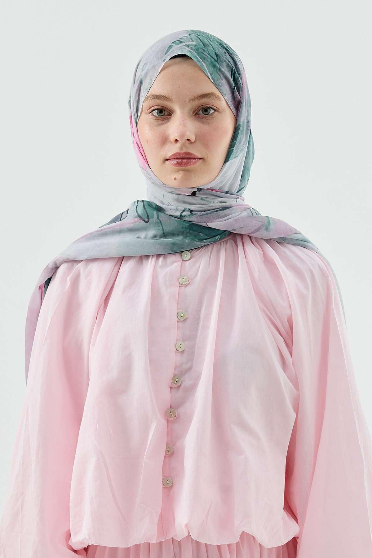 Nilüfer Desen Aya Şal - Açık Gri-Pembe
