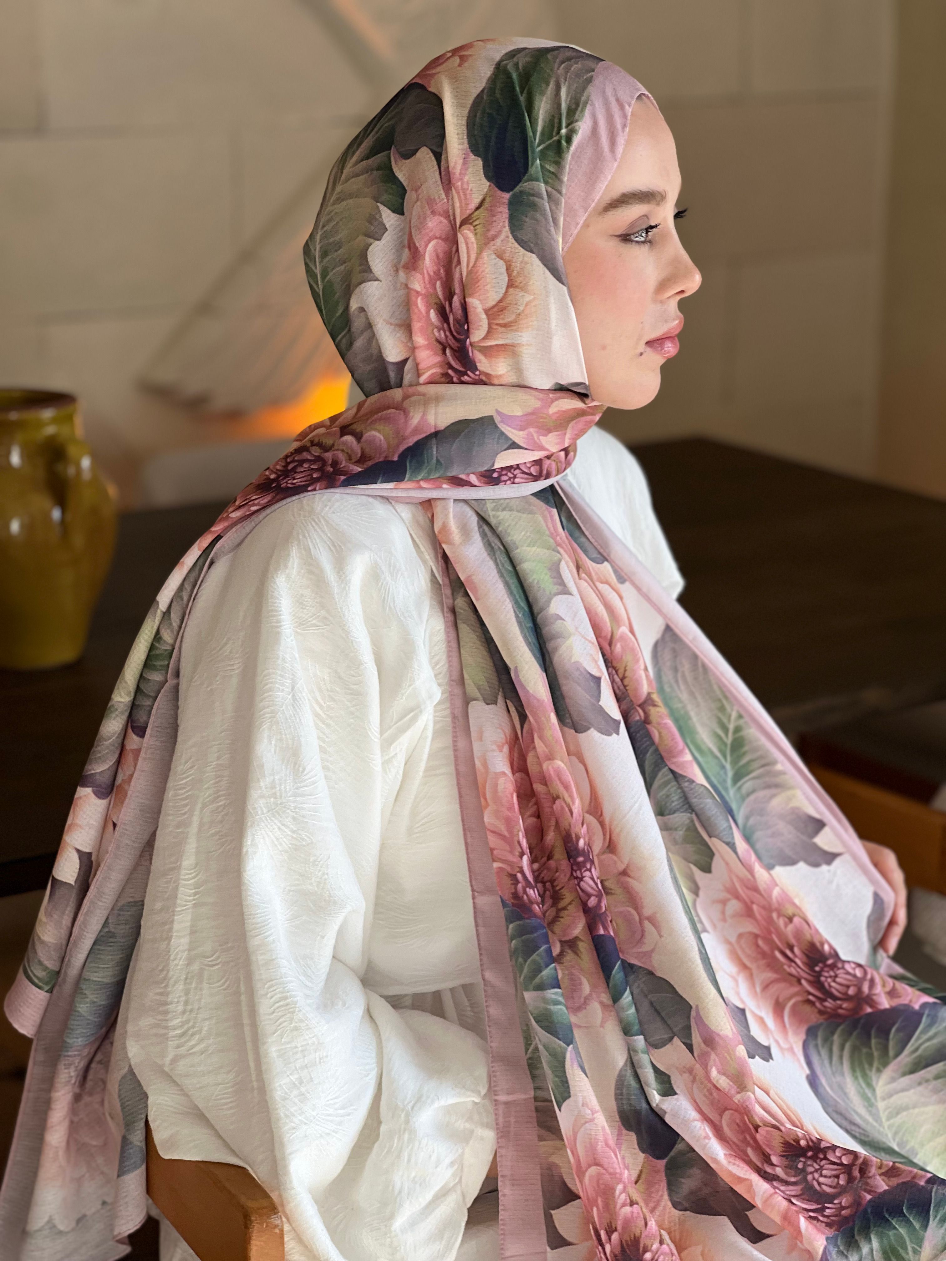 Ortanca Desen Lina Şal - Pembe