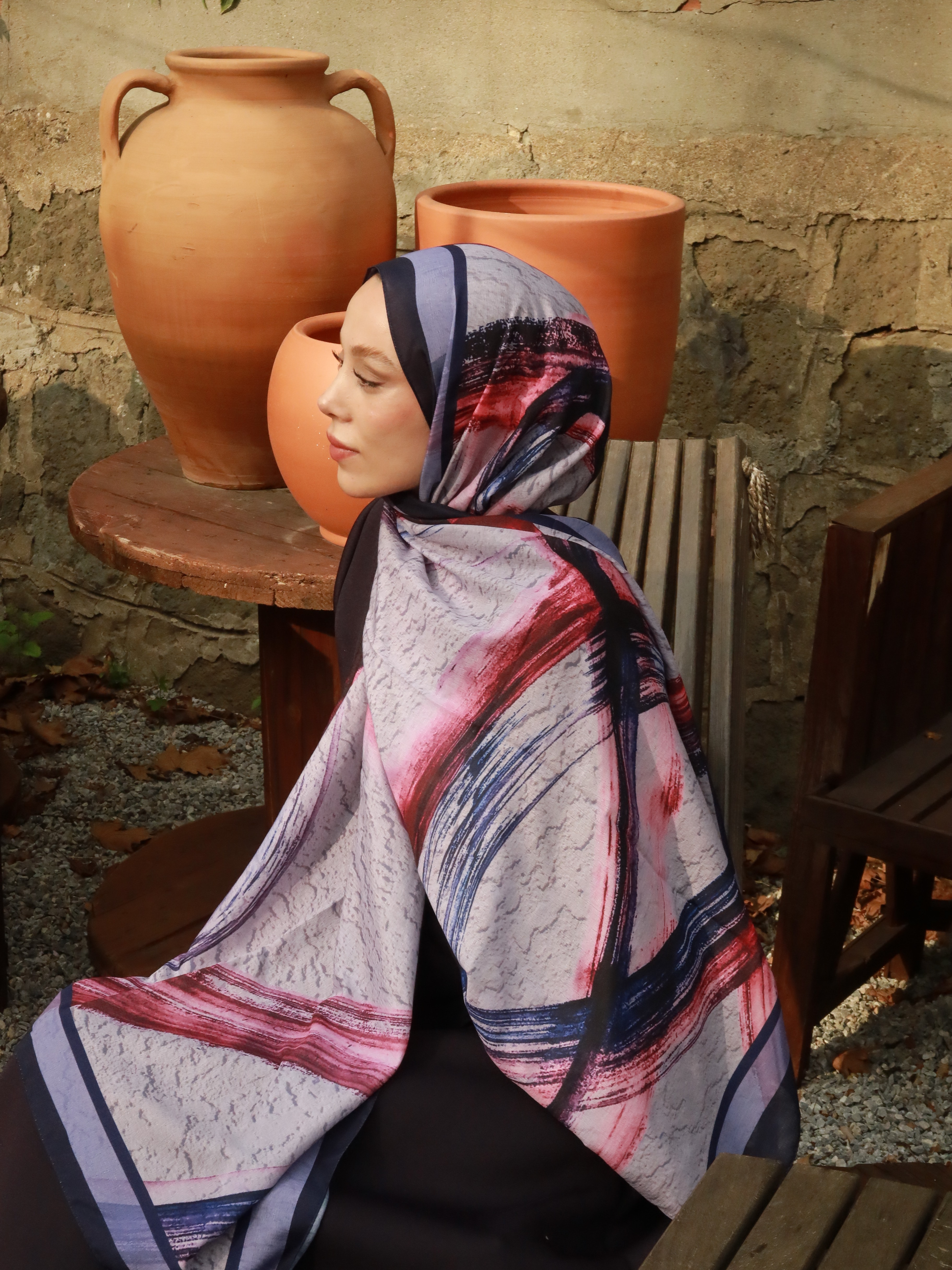 Medcezir Desen Lina Şal - Lacivert-Eflatun