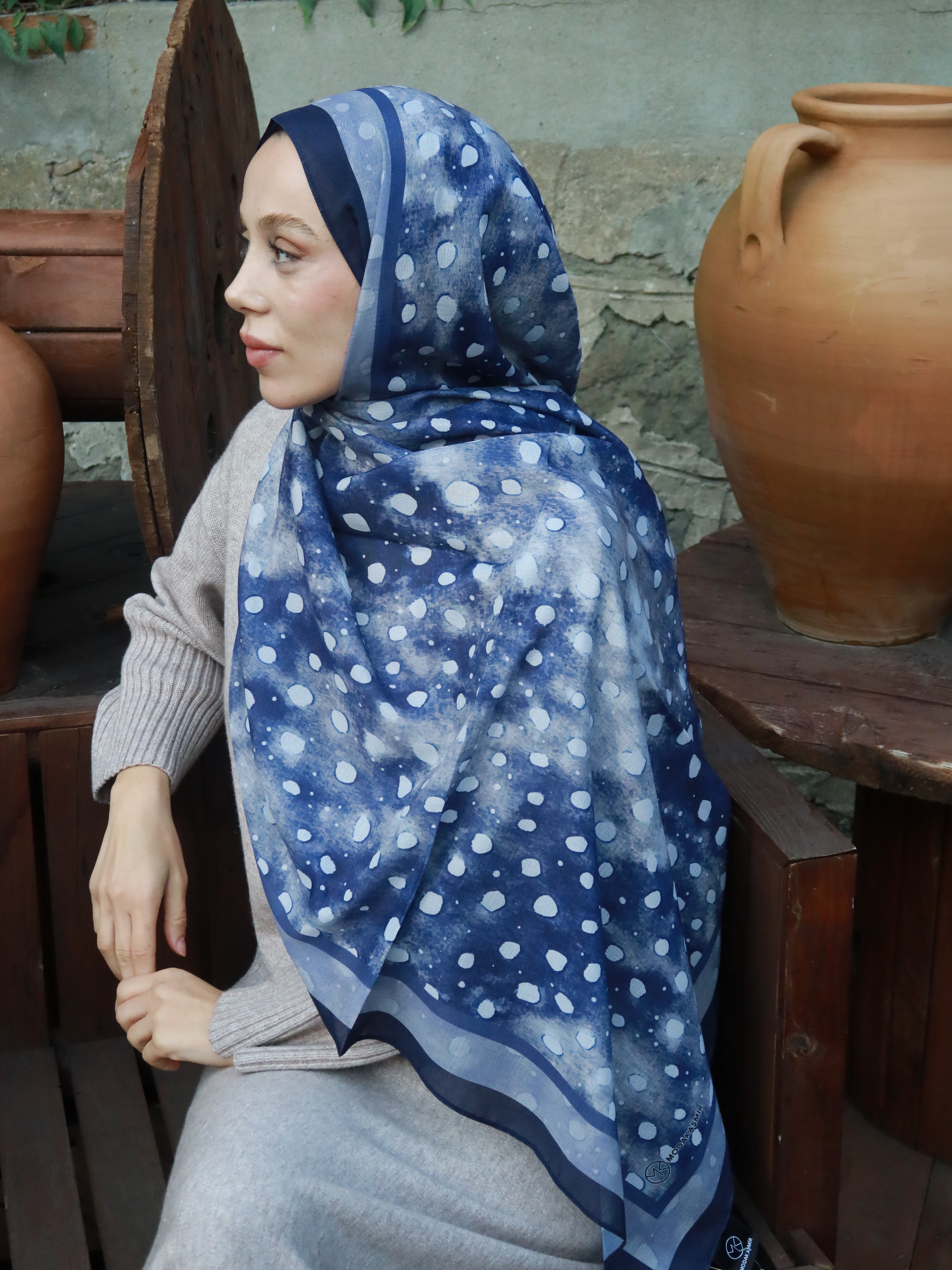 Geyik Desen Lina Şal - Lacivert
