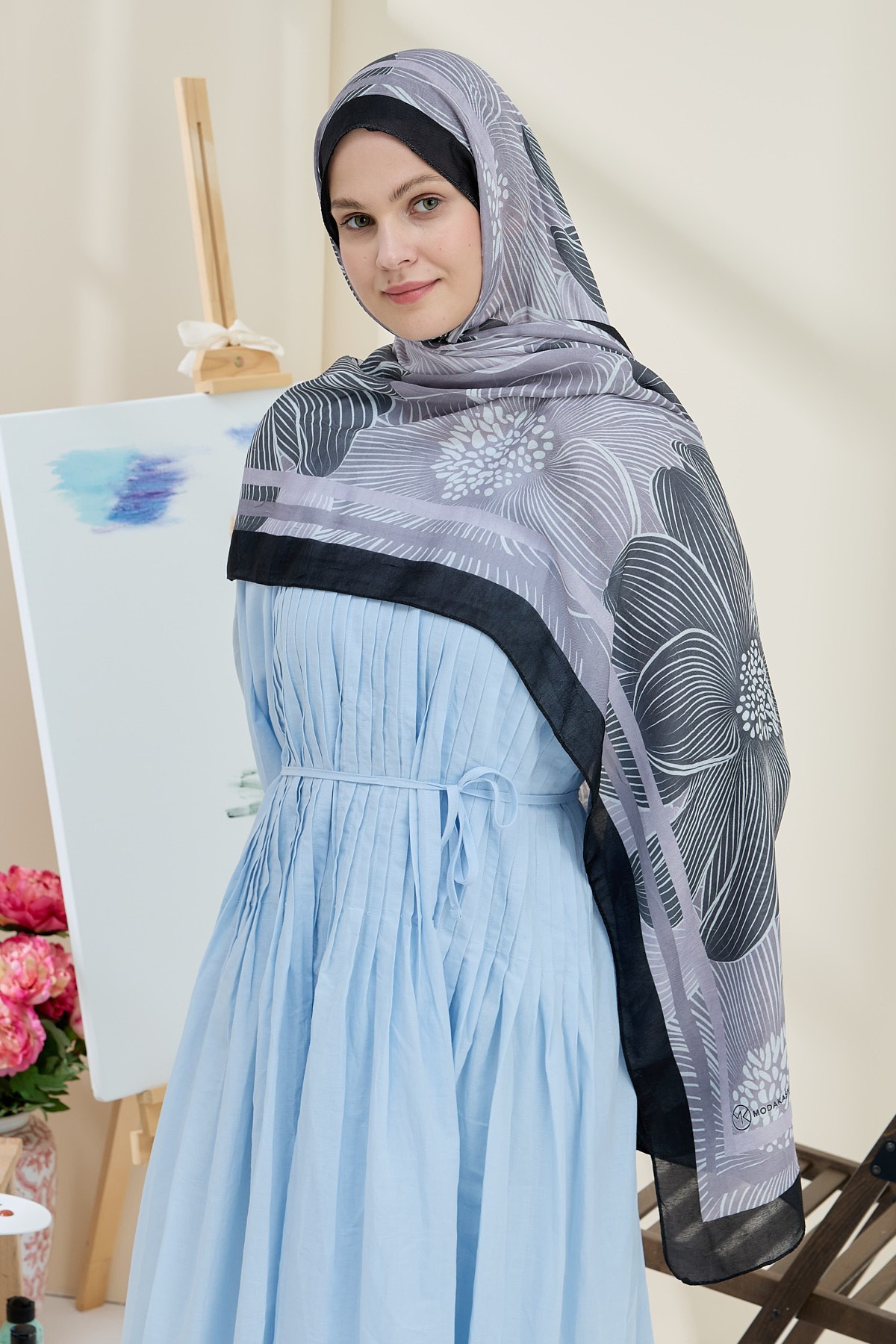 Melia Desen Bambu Şal - Siyah-Vizon