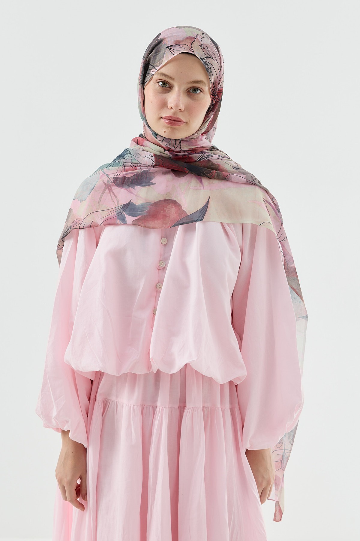 Zambak Desen Aya Şal - Pembe-Haki