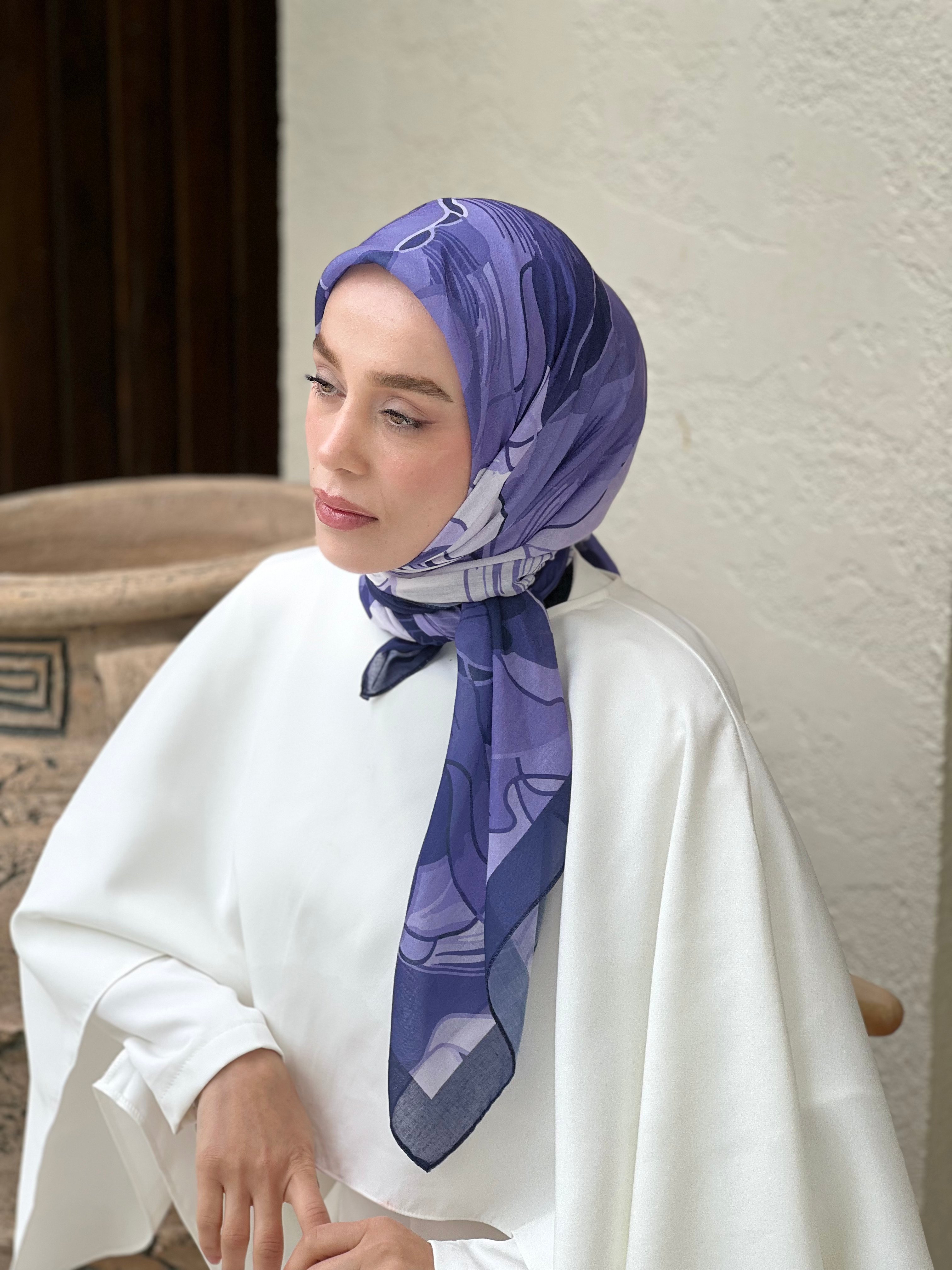 110 Cm Orkide Desen Eşarp - Koyu Eflatun