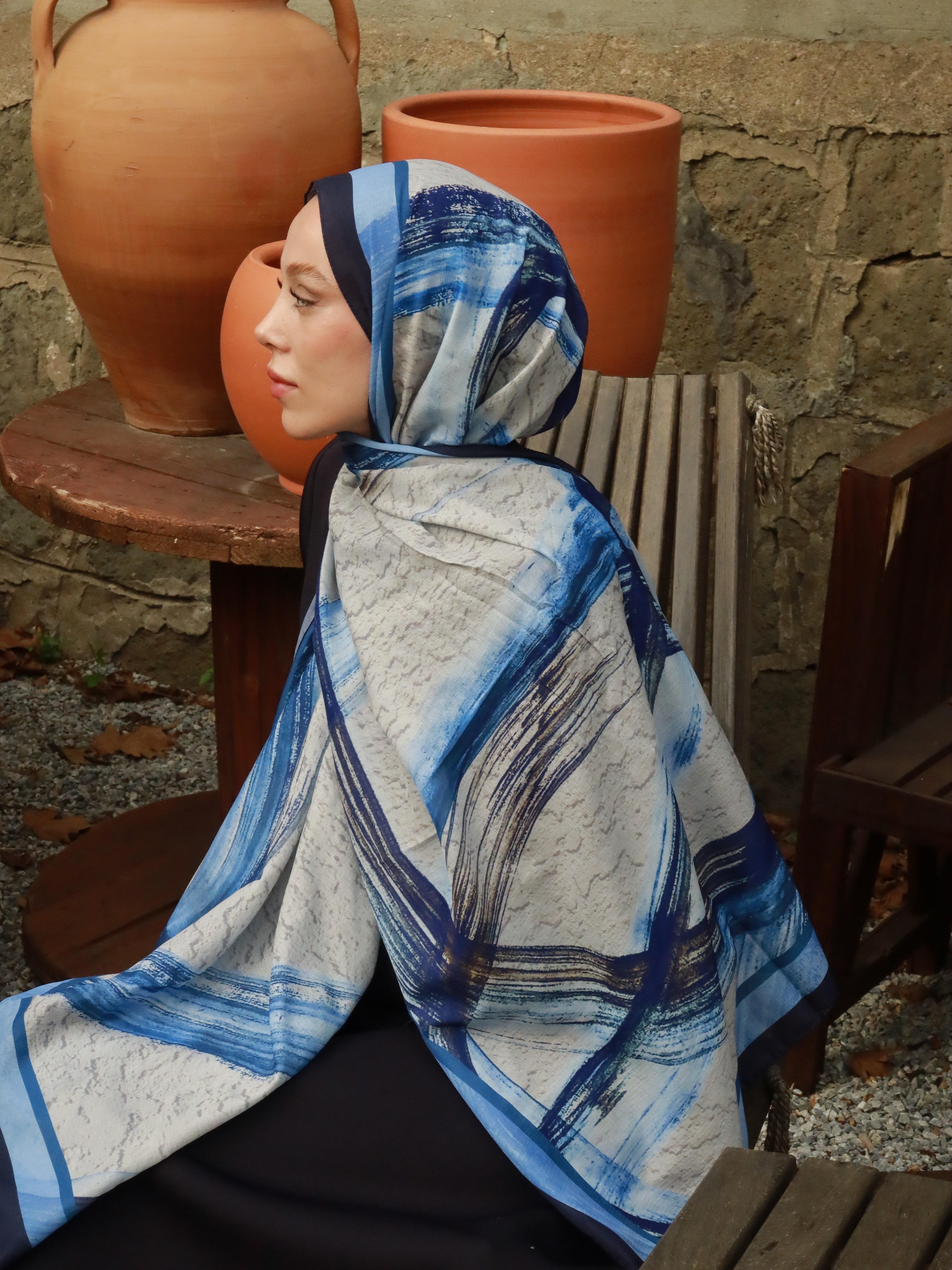 Medcezir Desen Lina Şal - Lacivert-Mavi