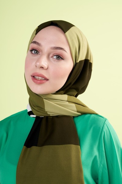 Geometric Pattern Medina Silk Shawl - Khaki Green