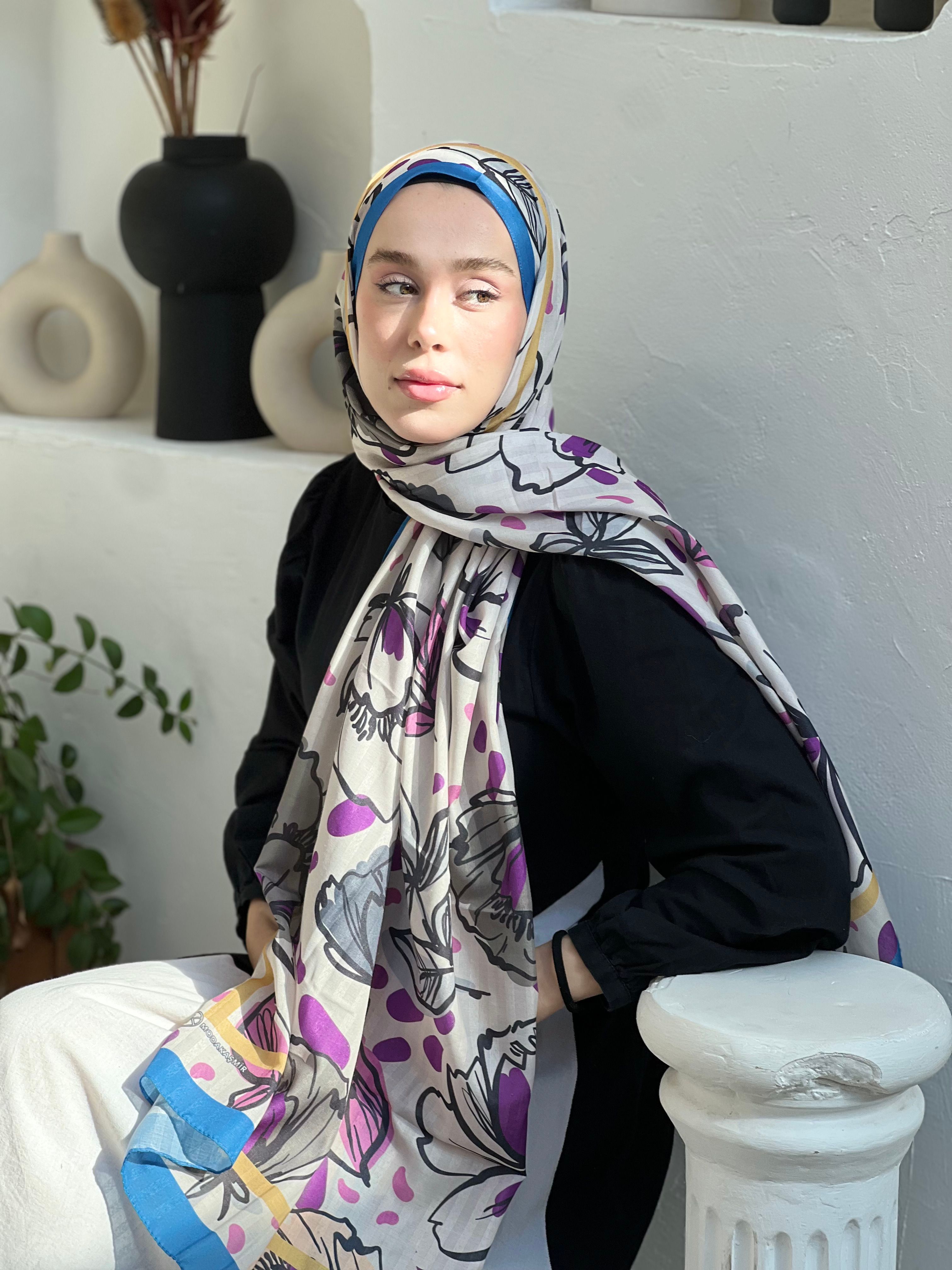 Lilium Pattern Striped Shawl - Blue