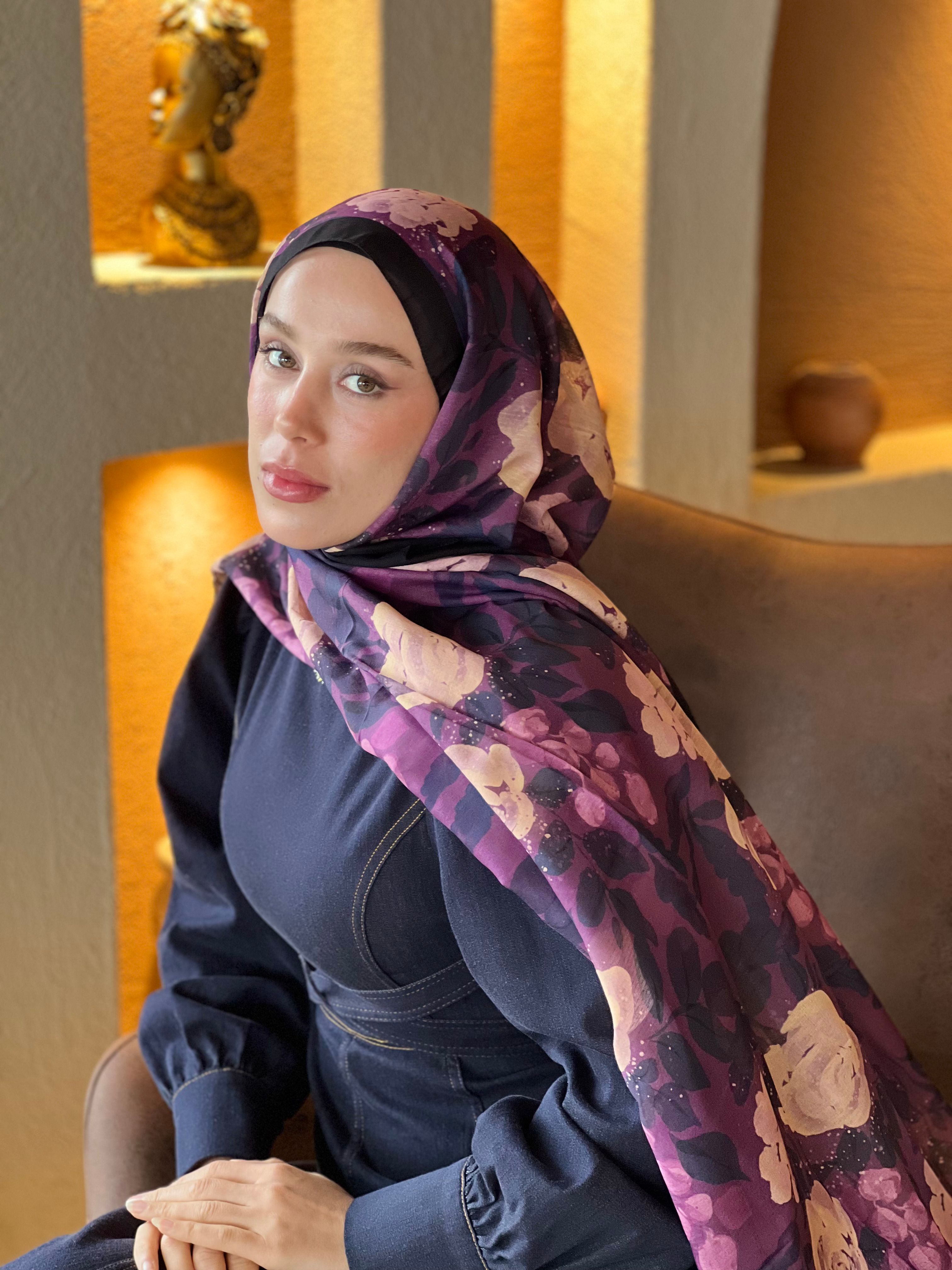 Verd Desen Lina Şal - Siyah-Mürdüm
