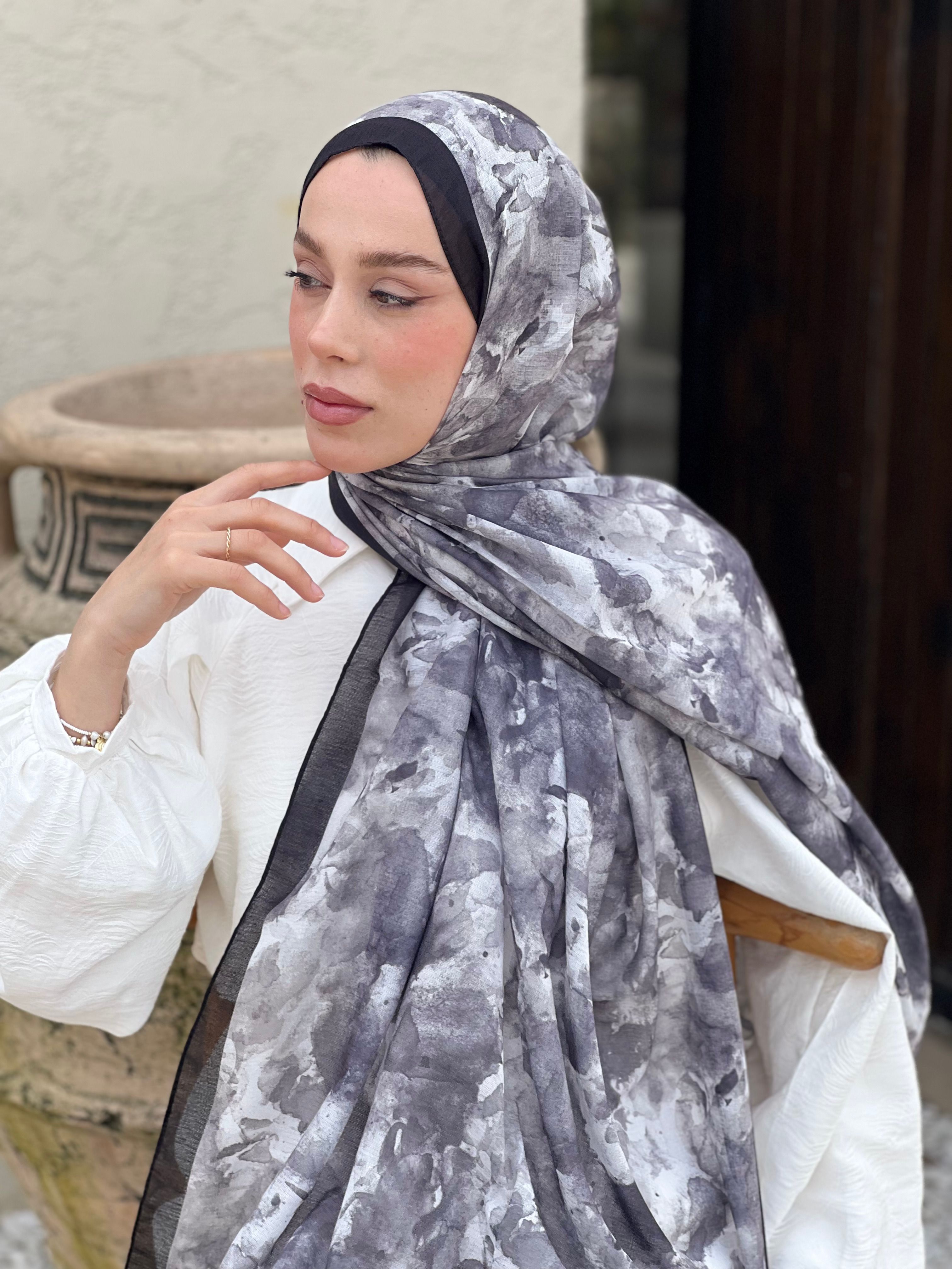 Brush Desen Lina Şal - Siyah-Gri