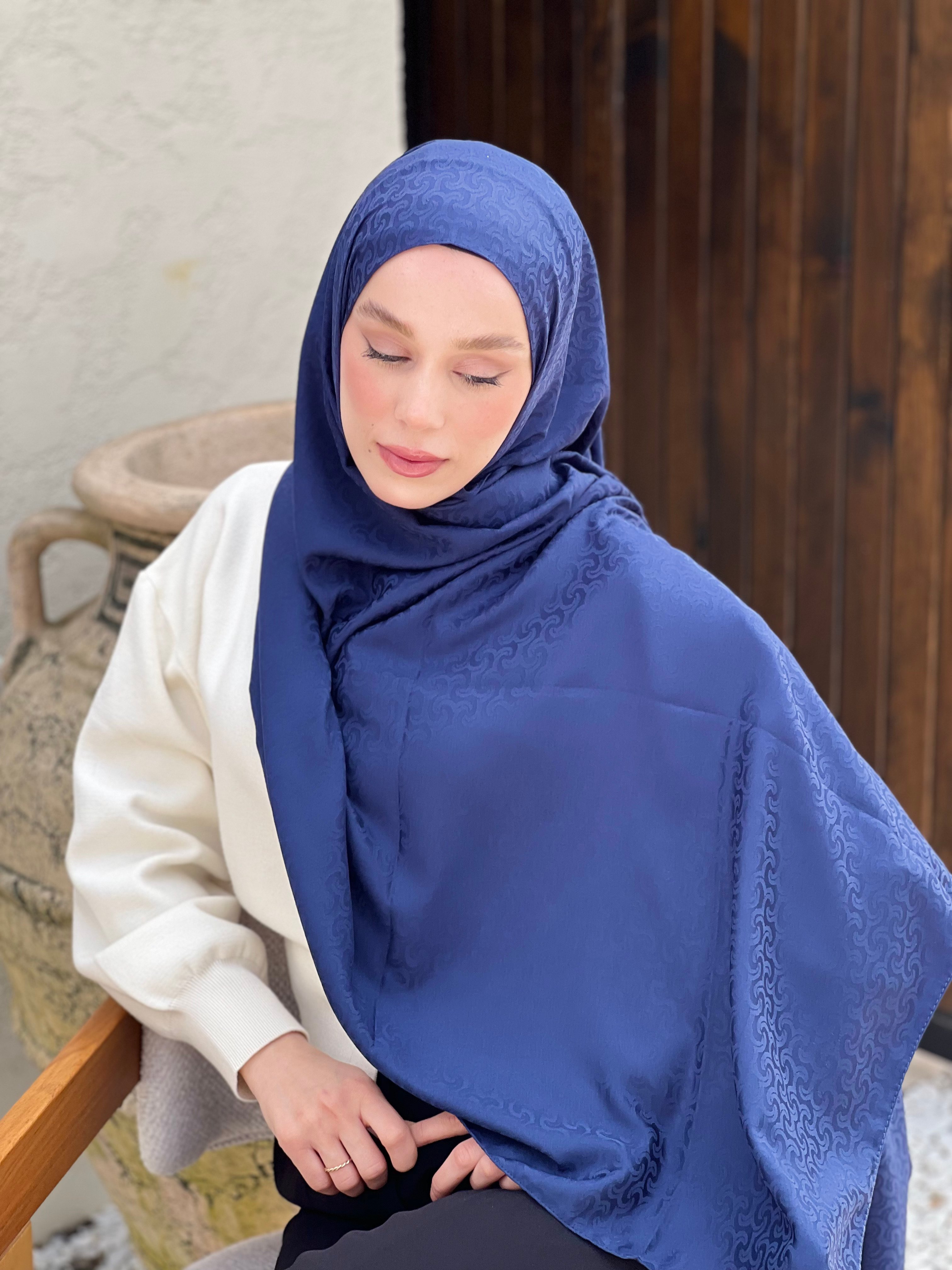 Silky Jacquard Series Braiding Pattern Shawl - Navy Blue