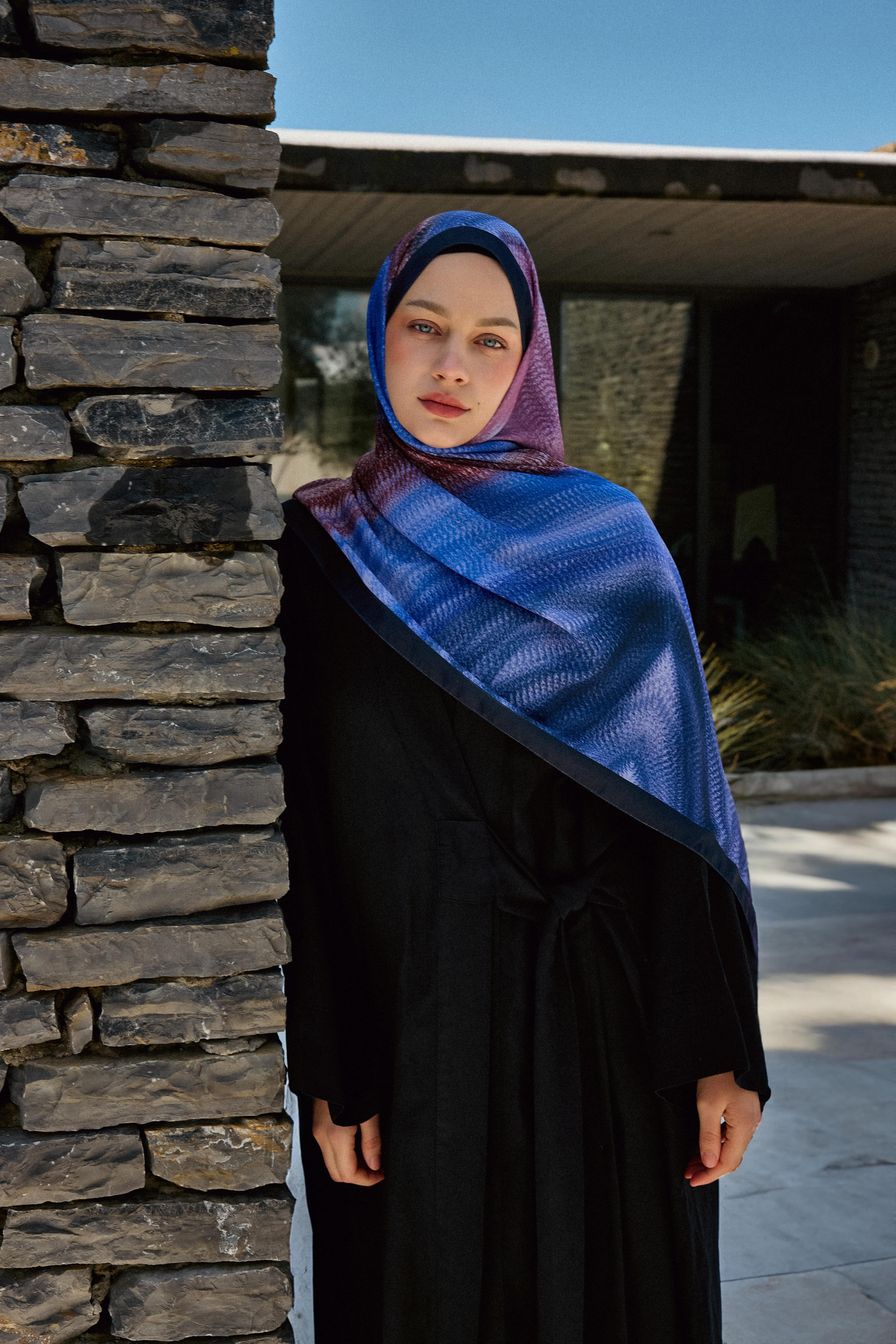 Hira Pattern Lina Shawl - Black-Sax Blue