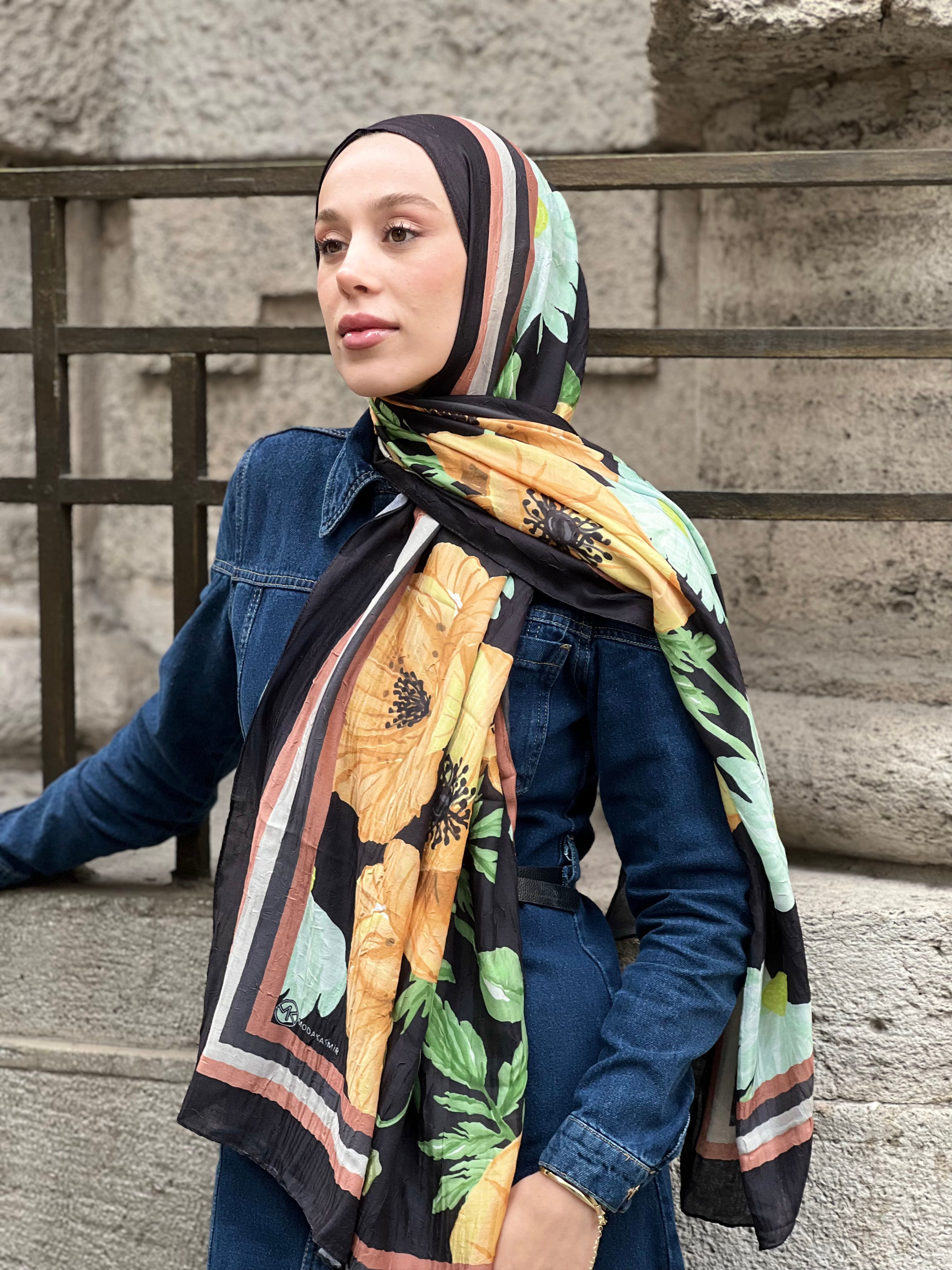 Margarit Desen Bambu Şal - Siyah-İğde