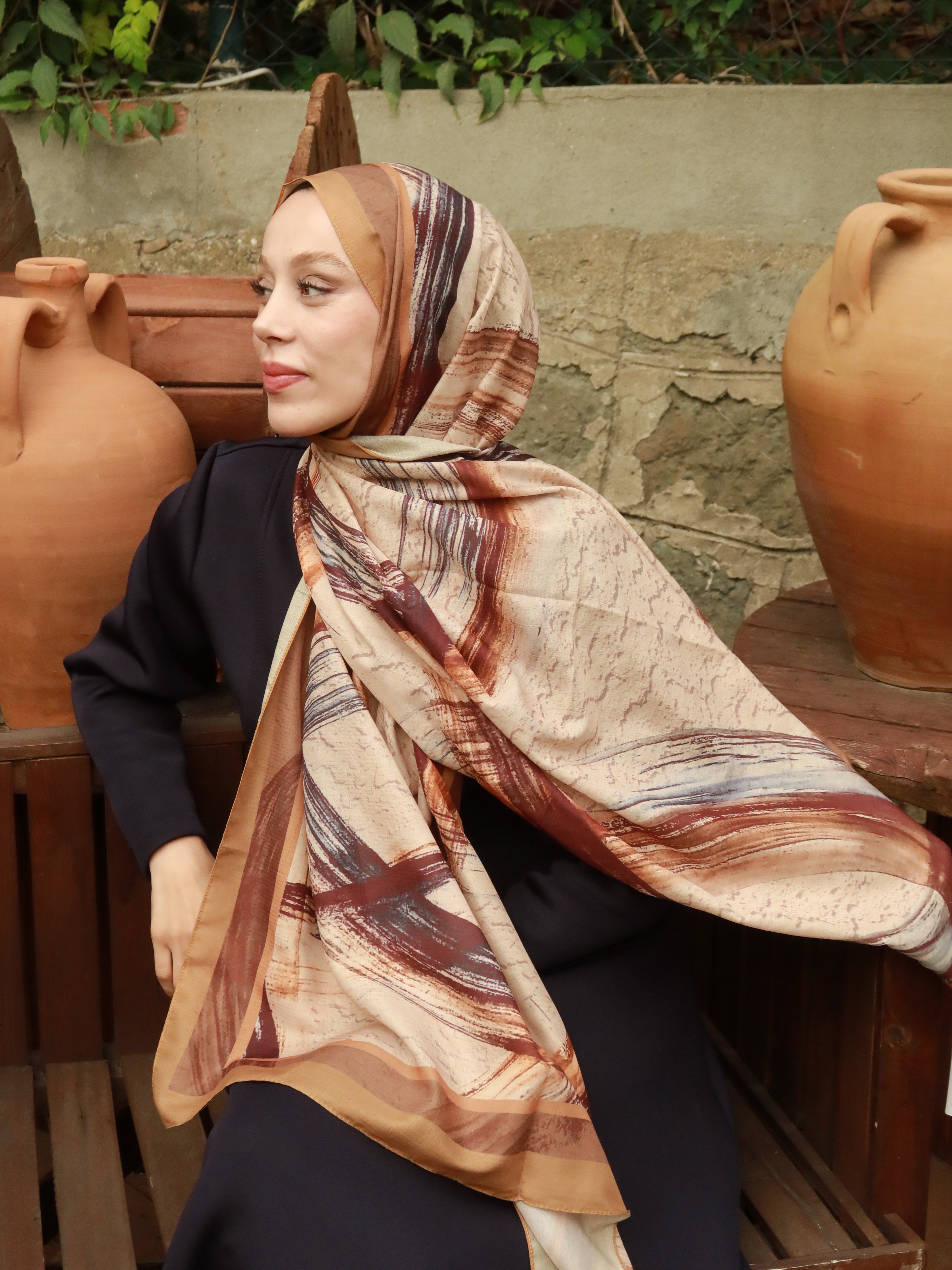 Medcezir Desen Lina Şal - Karamel