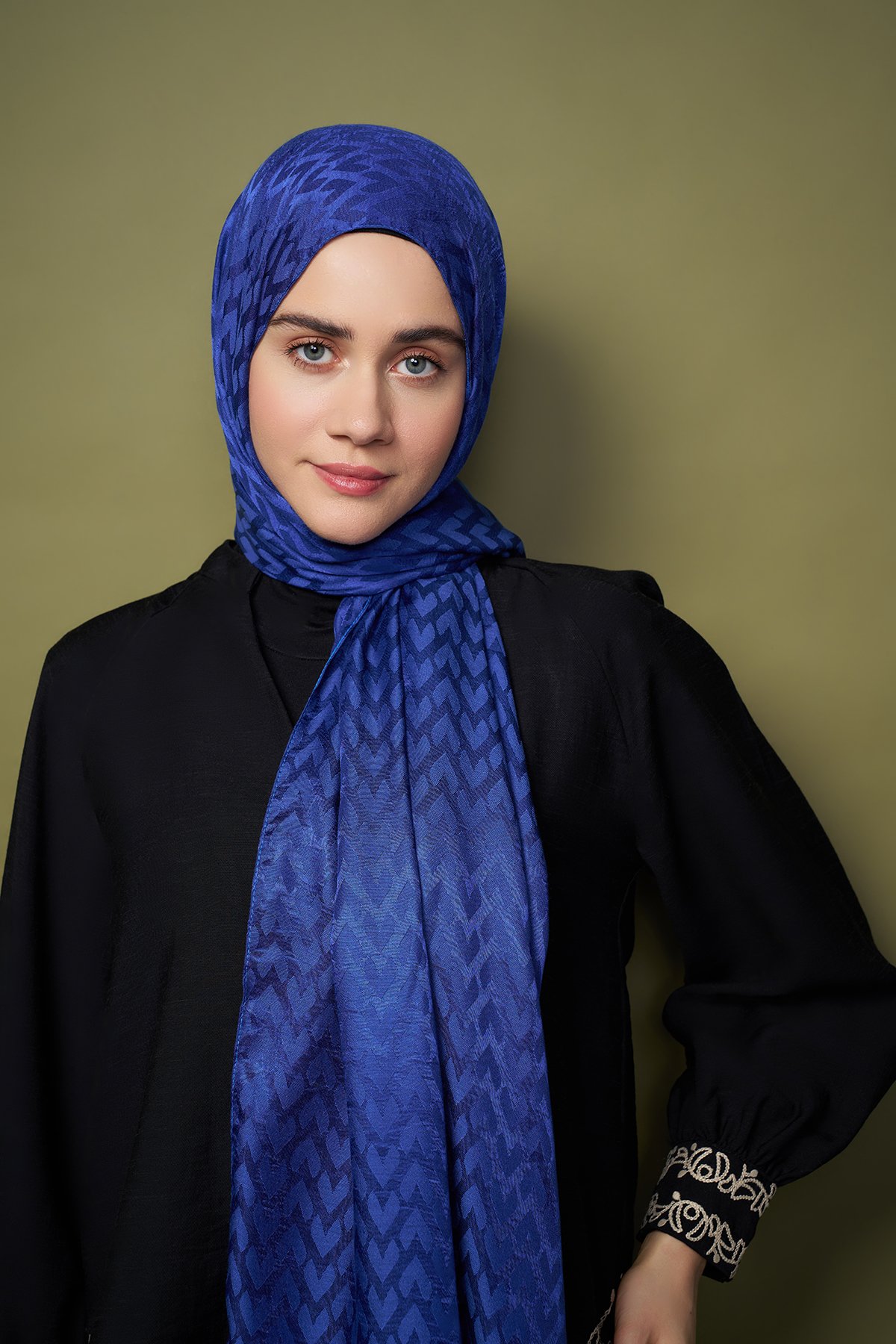 Silky Jacquard Series Heart Pattern Shawl - Sax blue