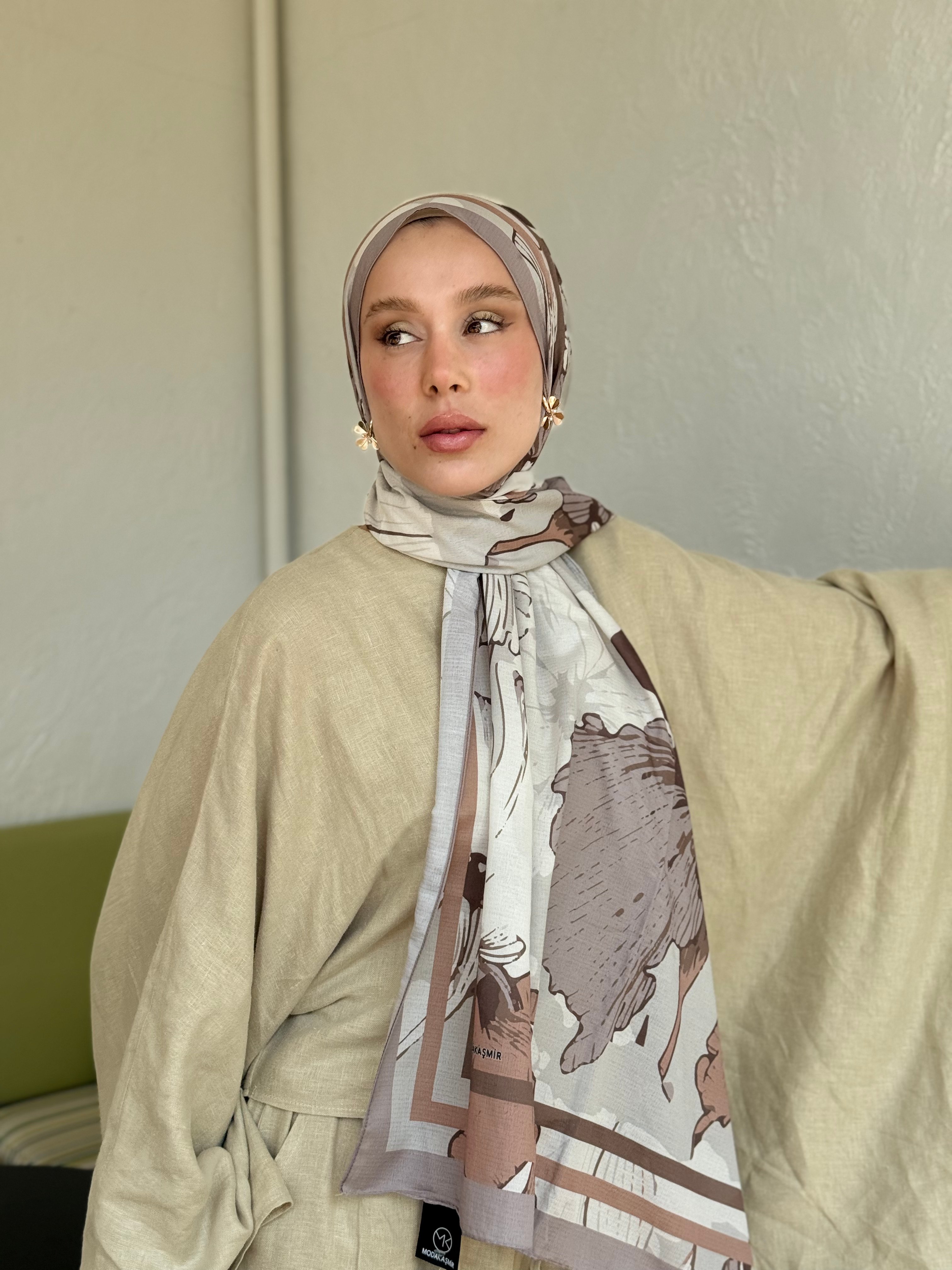 Shelia Desen Lina Şal - Antik Bej-Kahverengi