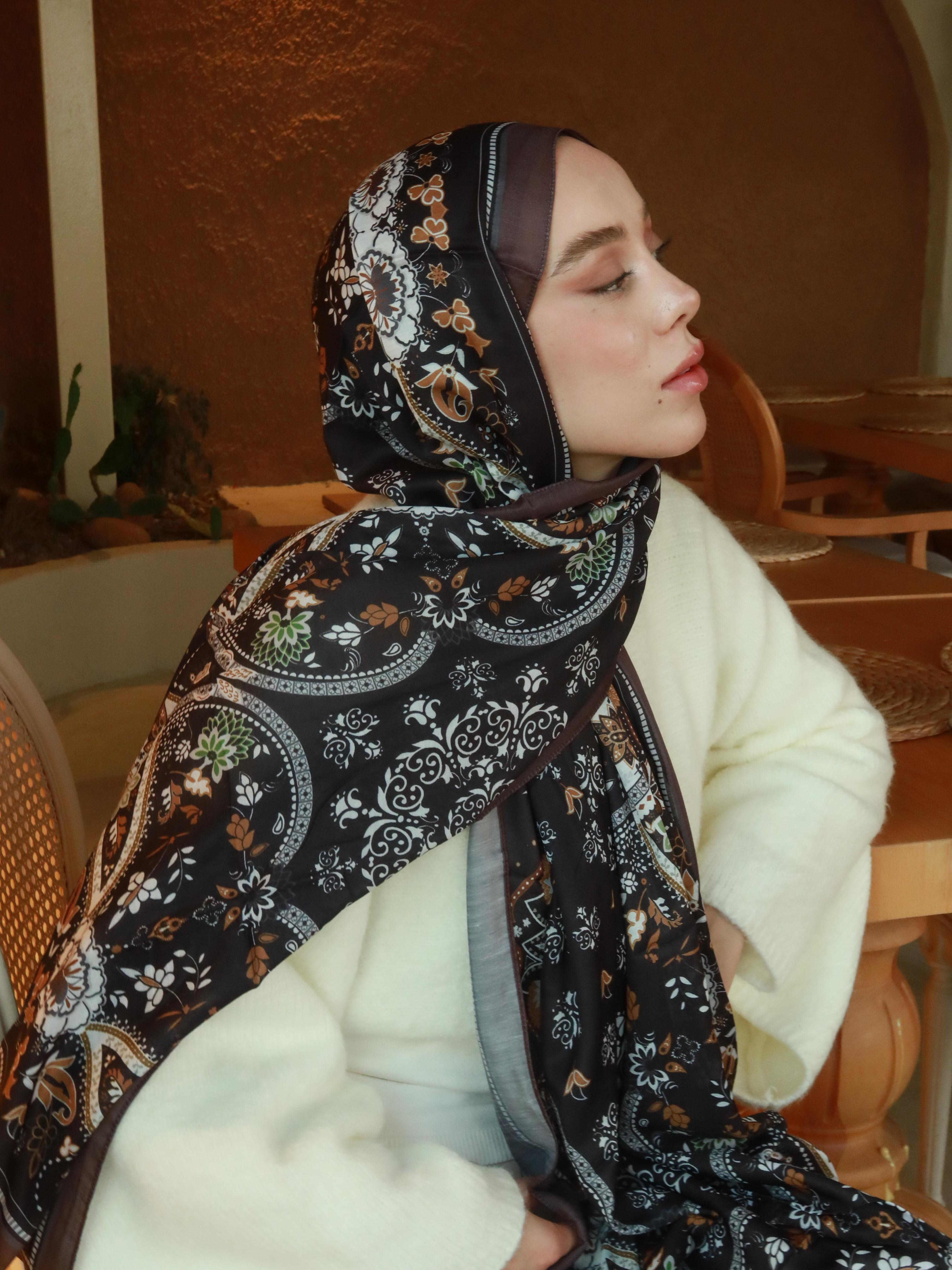 Lalezar Pattern Cotton Shawl - Kahverengi-Siyah