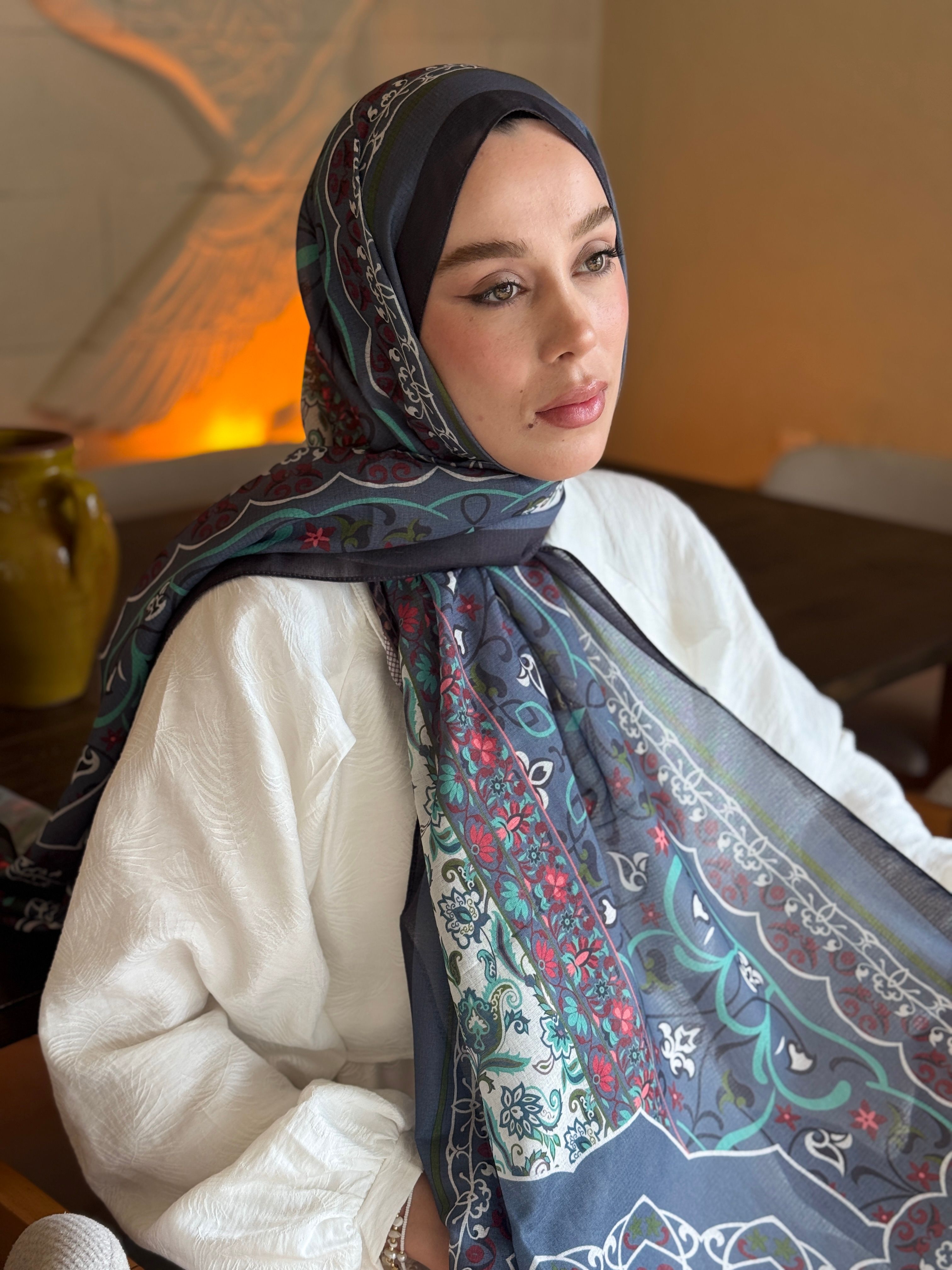Pıtrak Desen Lina Şal - Siyah-Koyu Gri