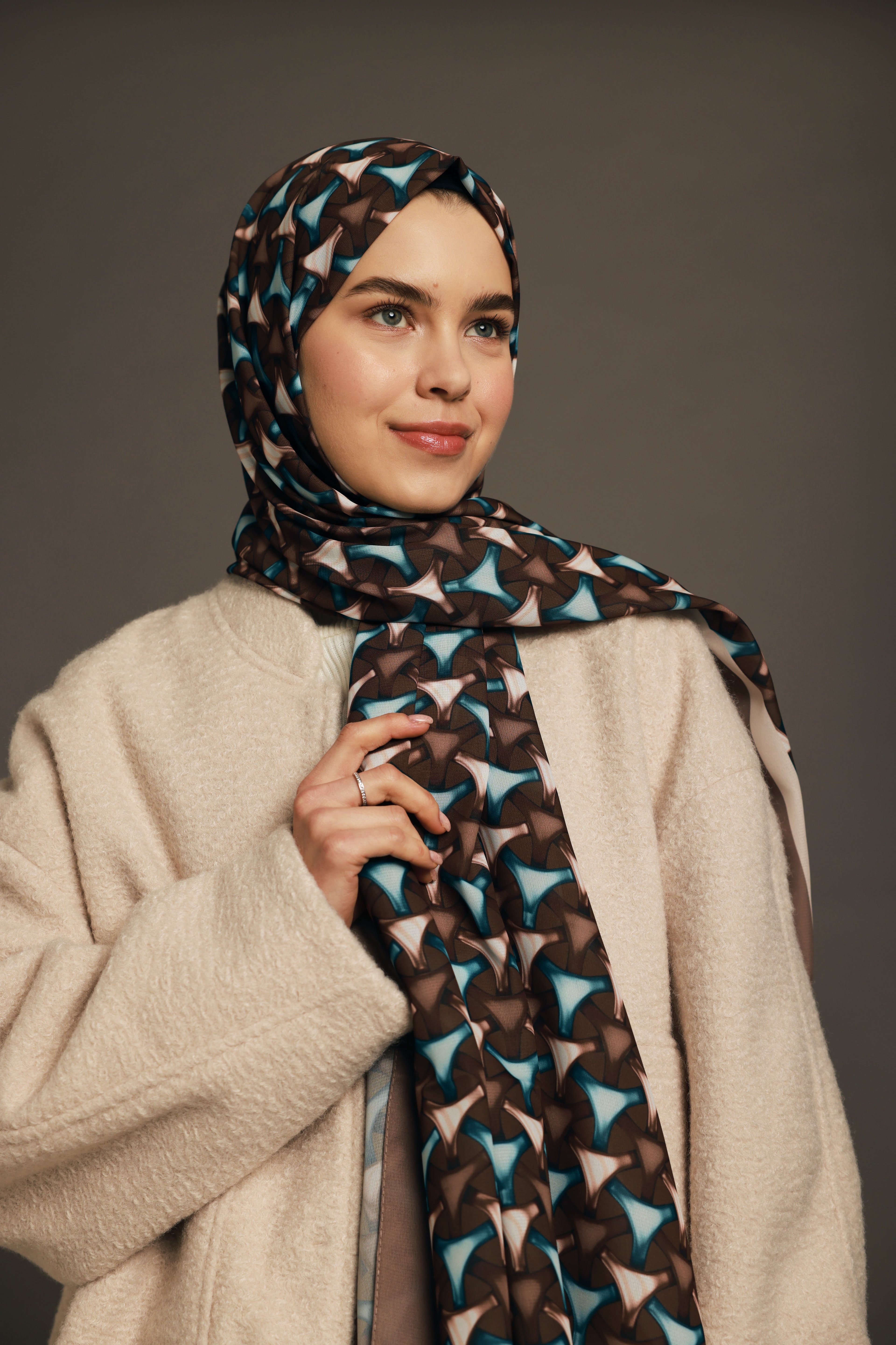 3D Scarf Concav Pattern Medina Silk Shawl - Powdered Coffee