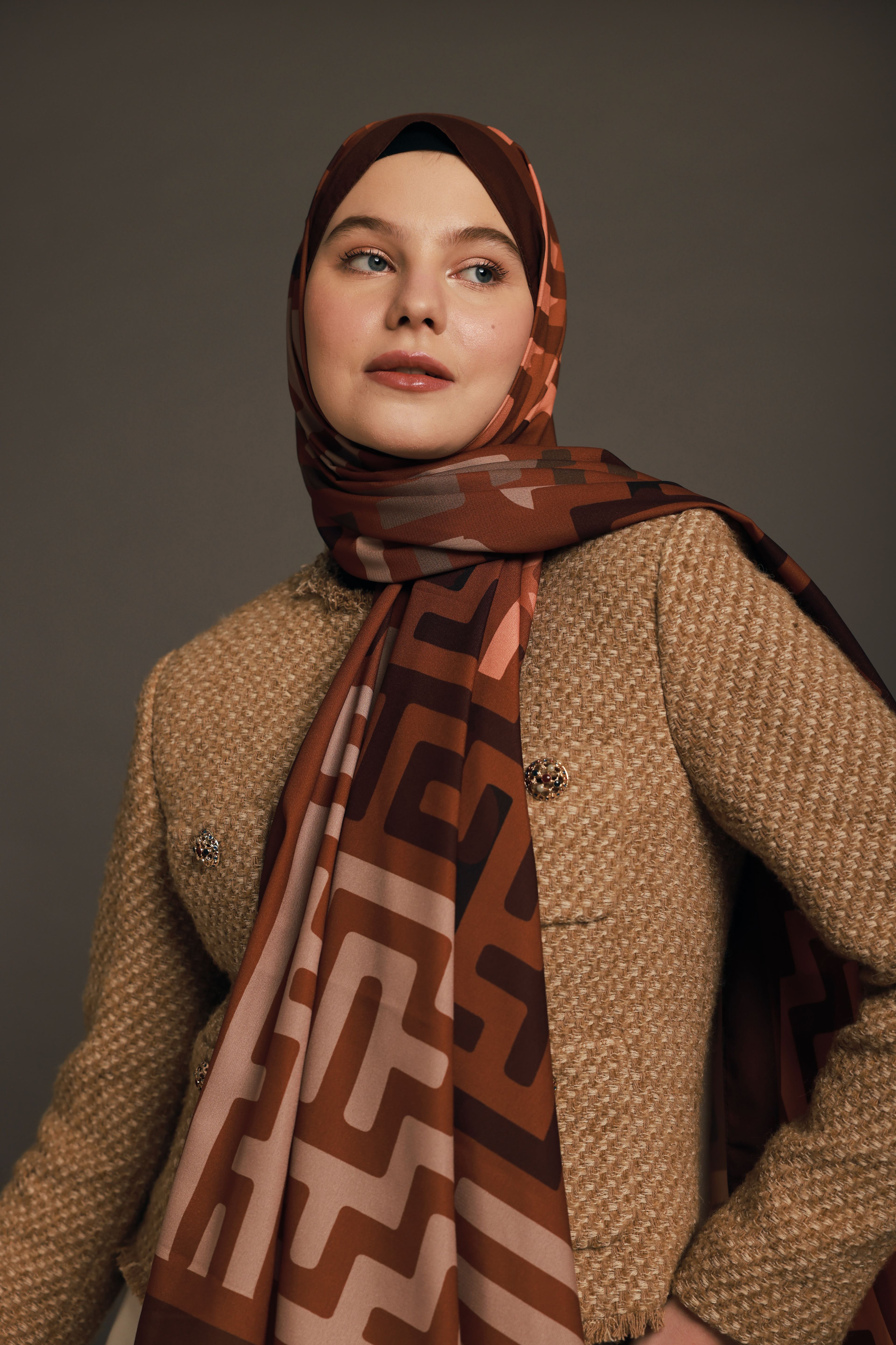 Diji Medina Silk Labyrinth Pattern Shawl - Brown