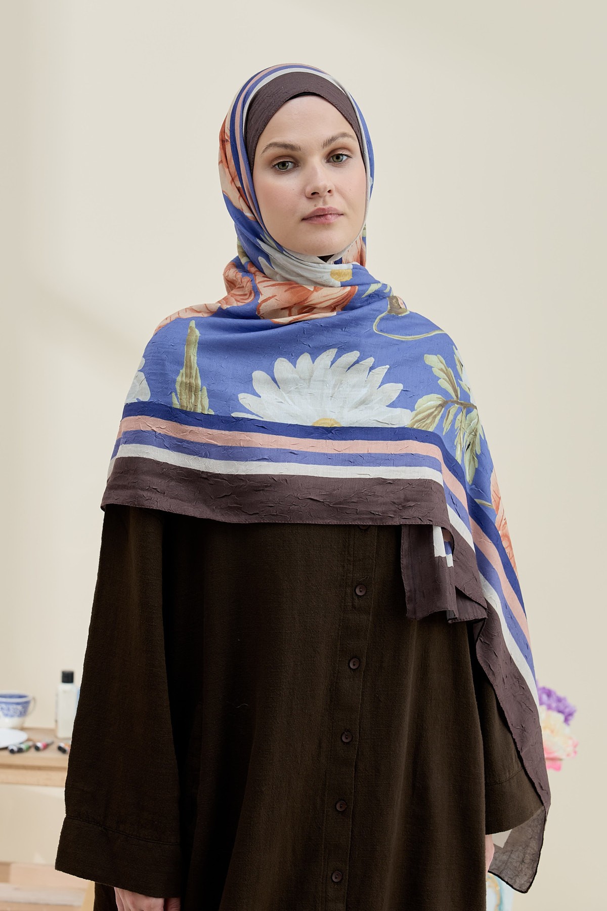 Margarit Pattern Bamboo Shawl - Bitter Coffee
