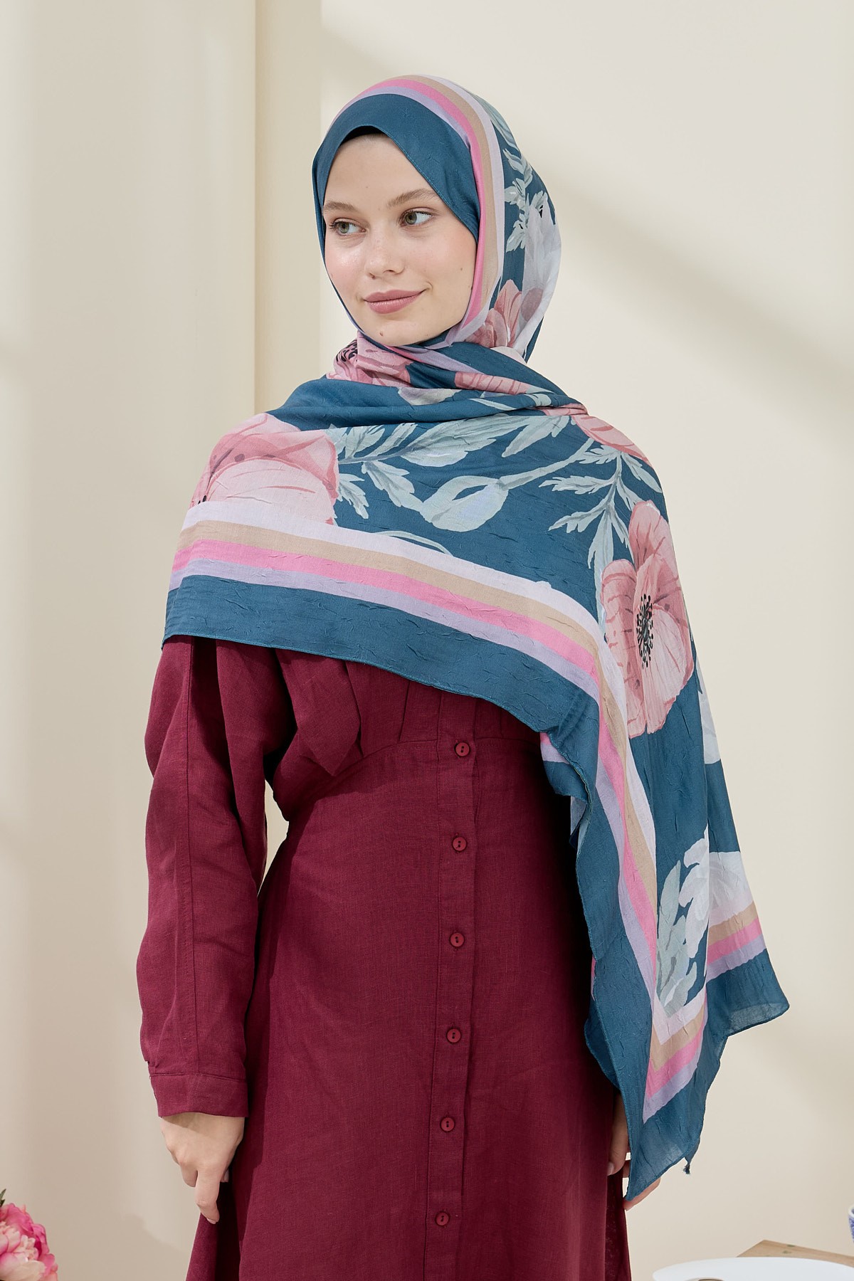 Margarit Pattern Bamboo Shawl - Dark Petroleum