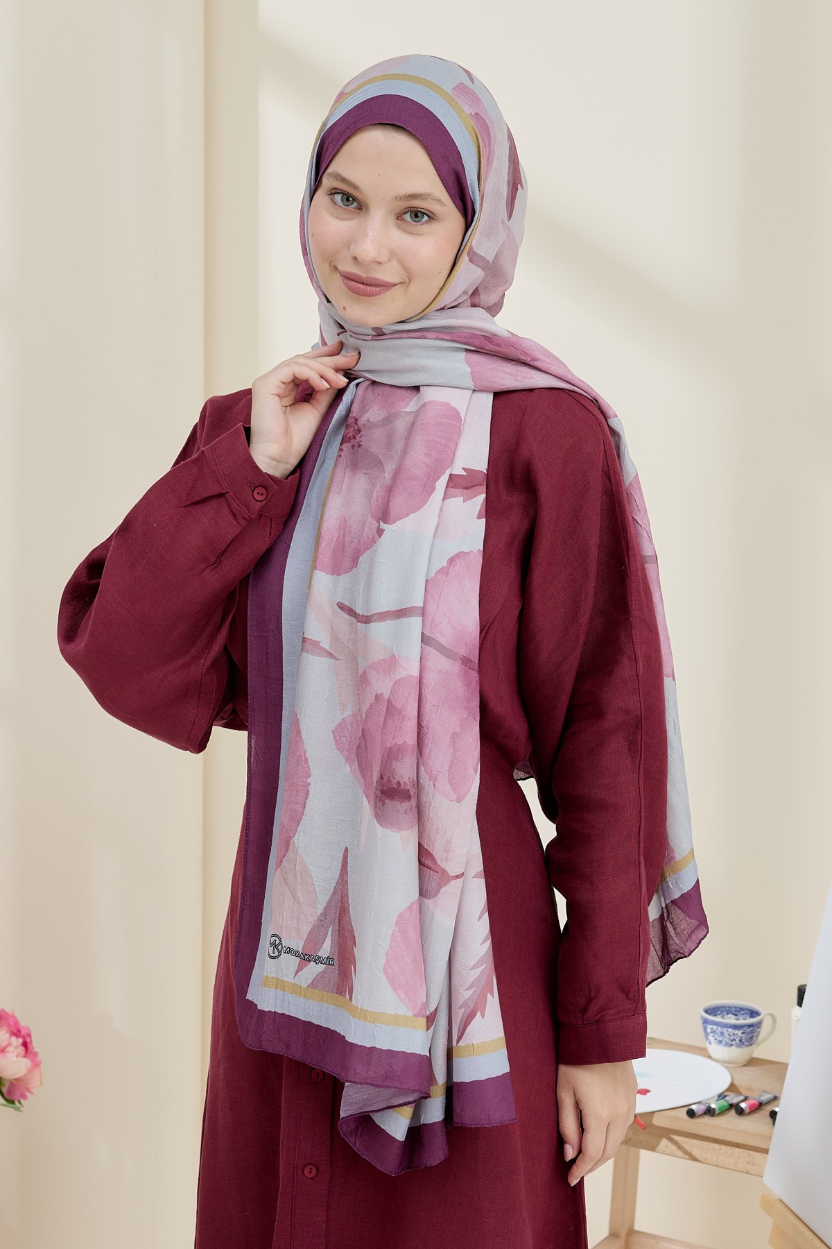 Poppy Pattern Bamboo Shawl - Plum