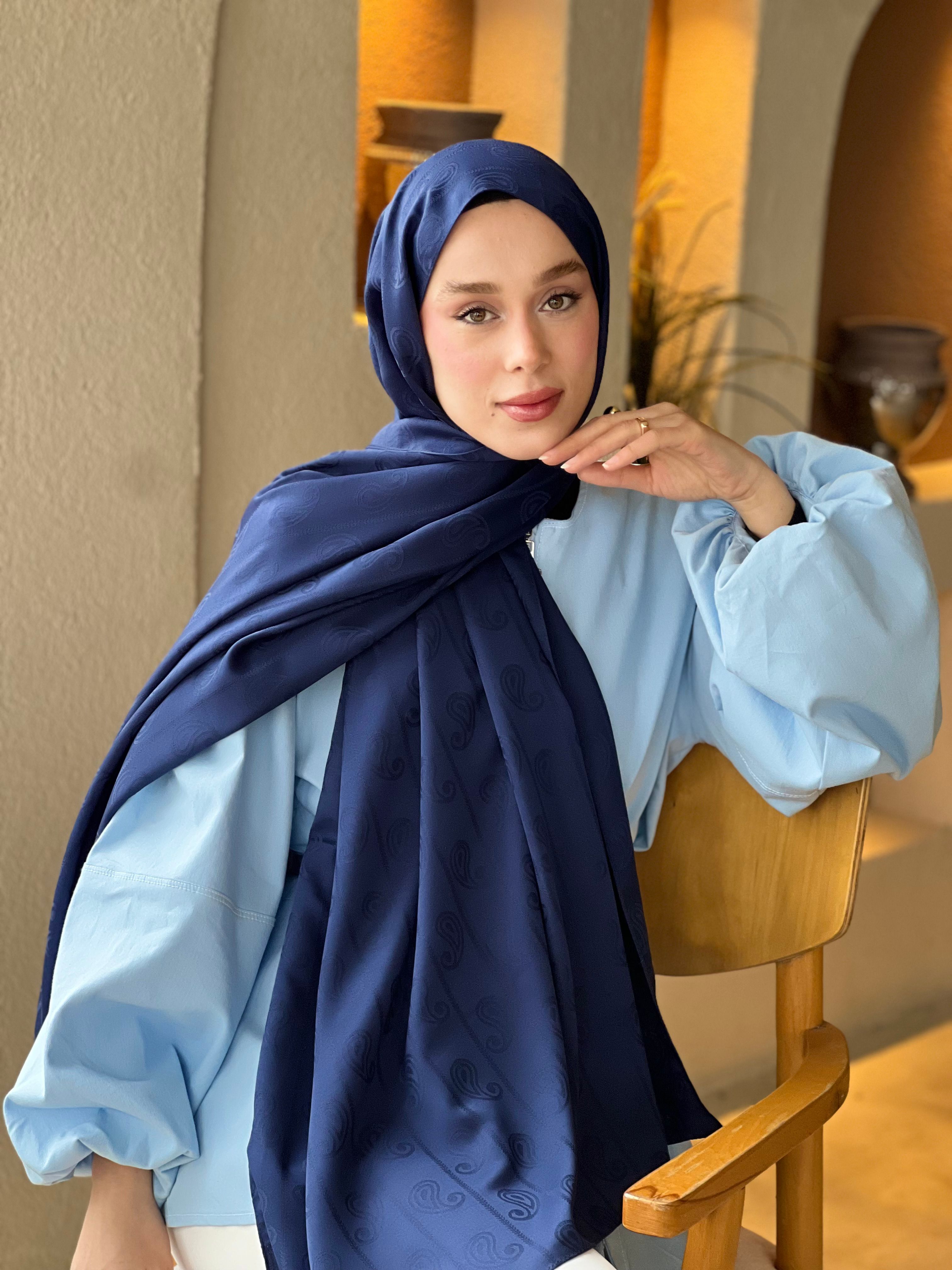 Silky Jacquard Series Almond Pattern Shawl - Navy Blue