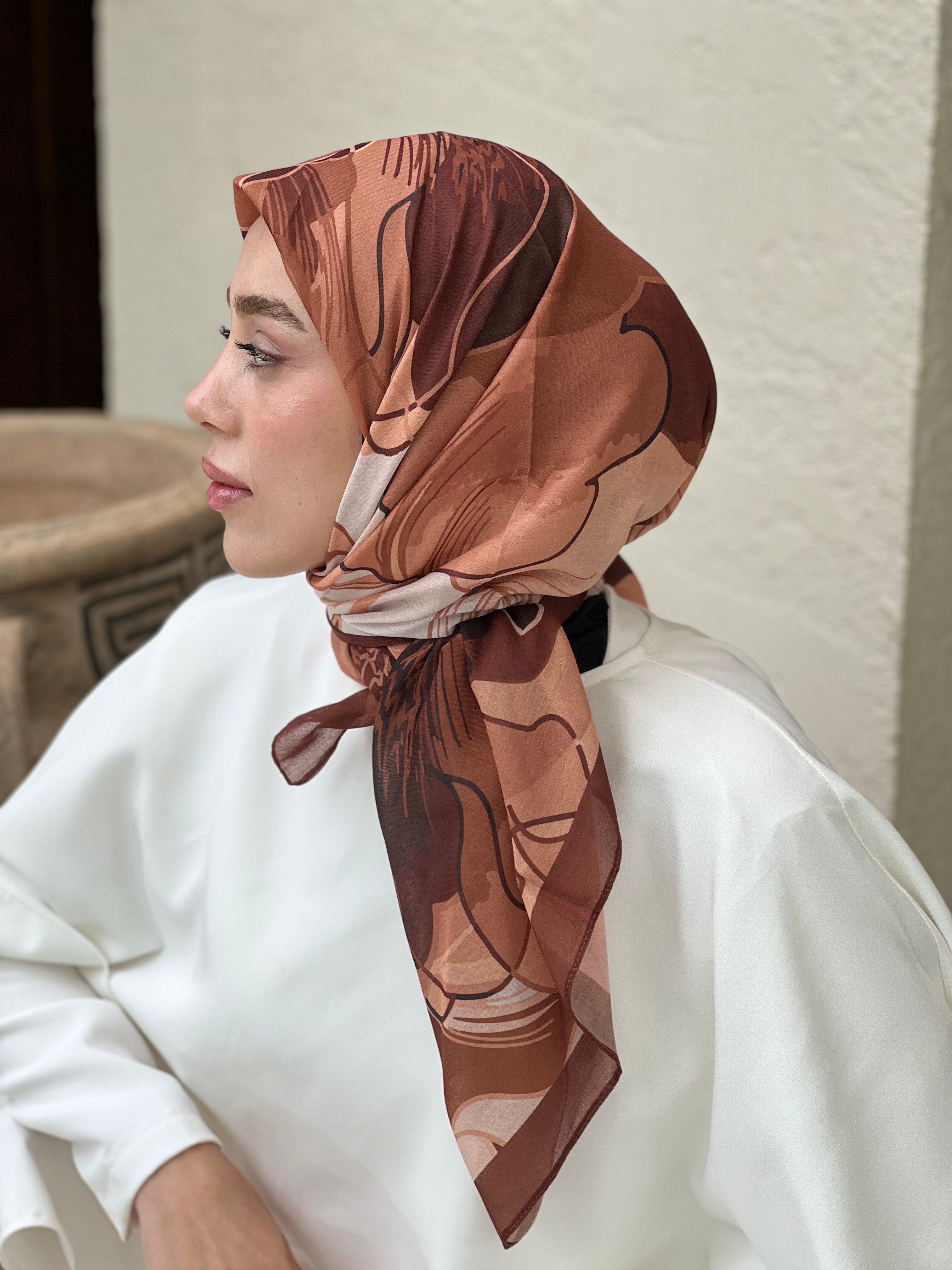 110 Cm Orkide Desen Eşarp - Karamel