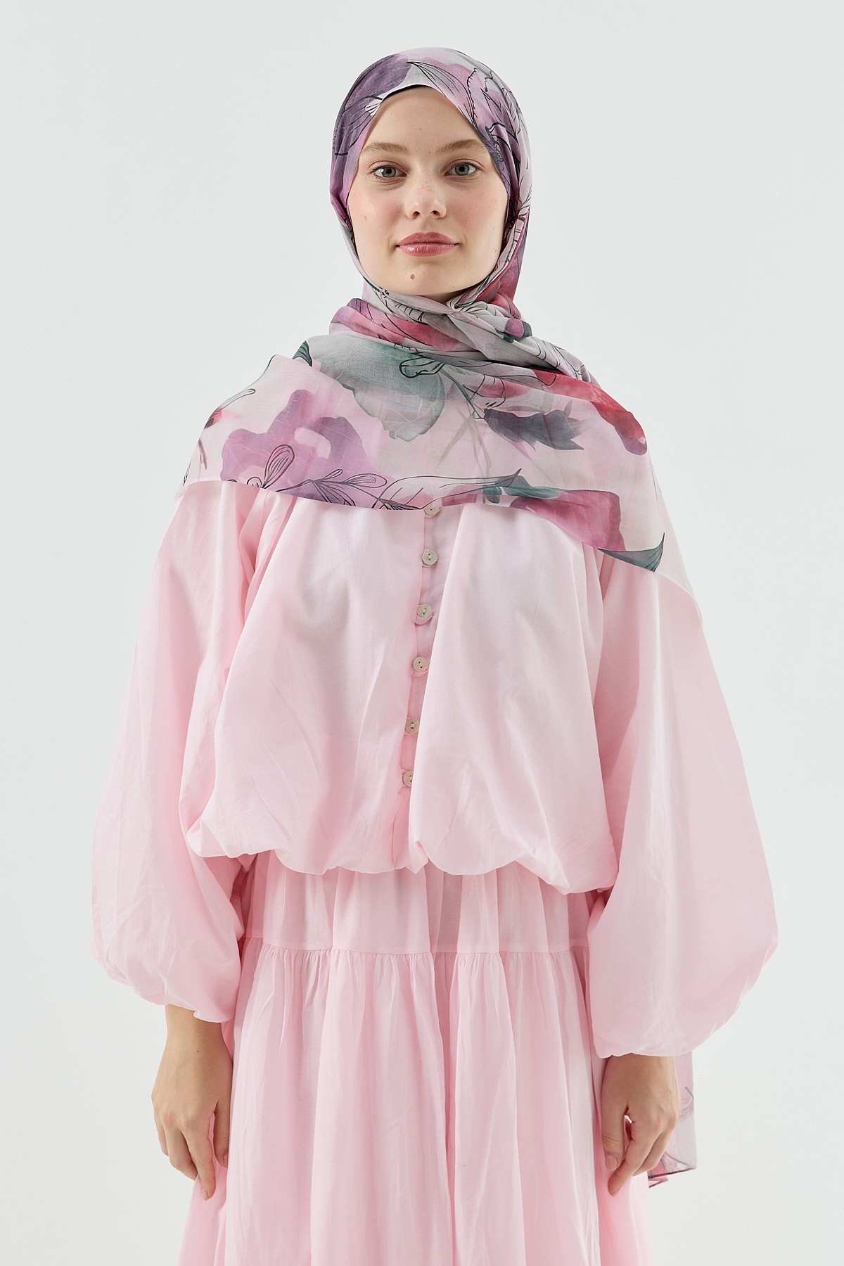 Zambak Desen Aya Şal - Pembe-Royal